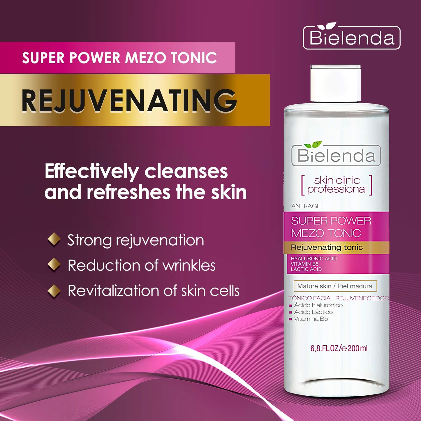 Bielenda Skin Clinic - Face Tonic Effectively Cleanses The Skin Strong Rejuvenation Reduction of Wrinkles Skin Revitalization - Skin Clinic Professional with Lactic and Hialuronic Acid - 200 ml