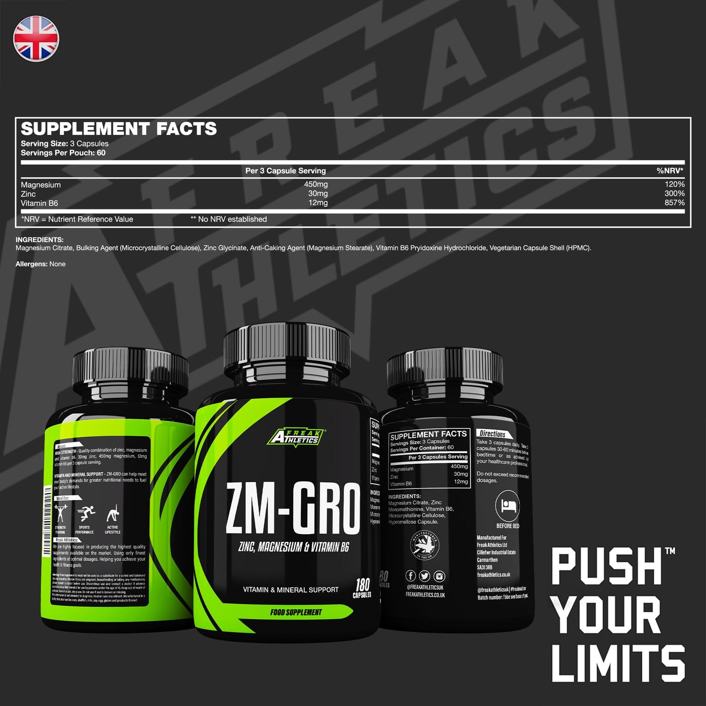 Freak Athletics ZM-GRO - Zinc, Magnesium & Vitamin B6 Capsules | 180 Vegan Capsules | Muscle Recovery, Sleep & Immune Support | High Absorption Formula | Made in The UK