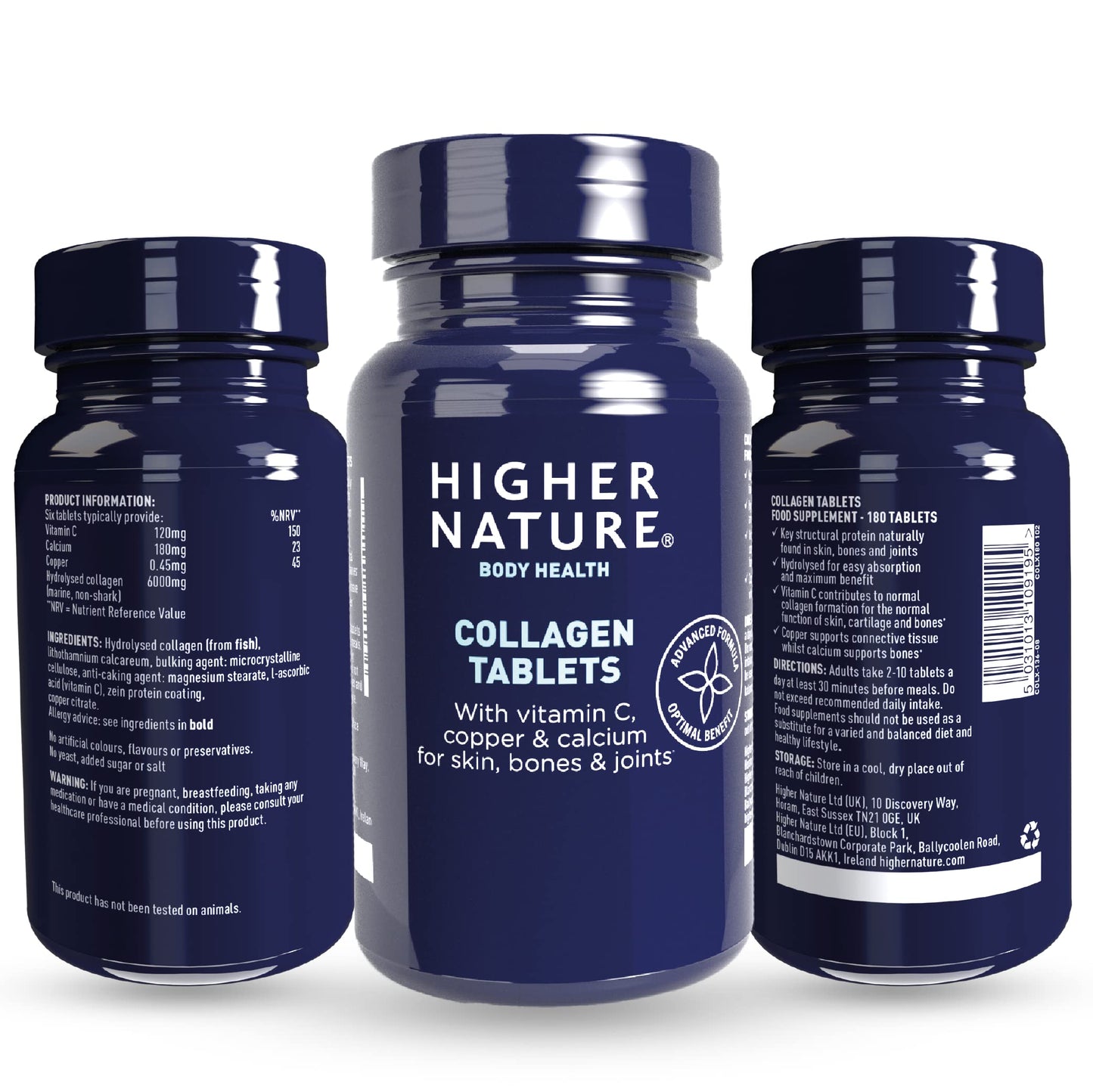 HIGHER NATURE Higher Nature - Collagen Tablets - Hydrolysed Marine Collagen - Vitamin C - Calcium for Bone Support - Responsibly Sourced - 180 Tablets