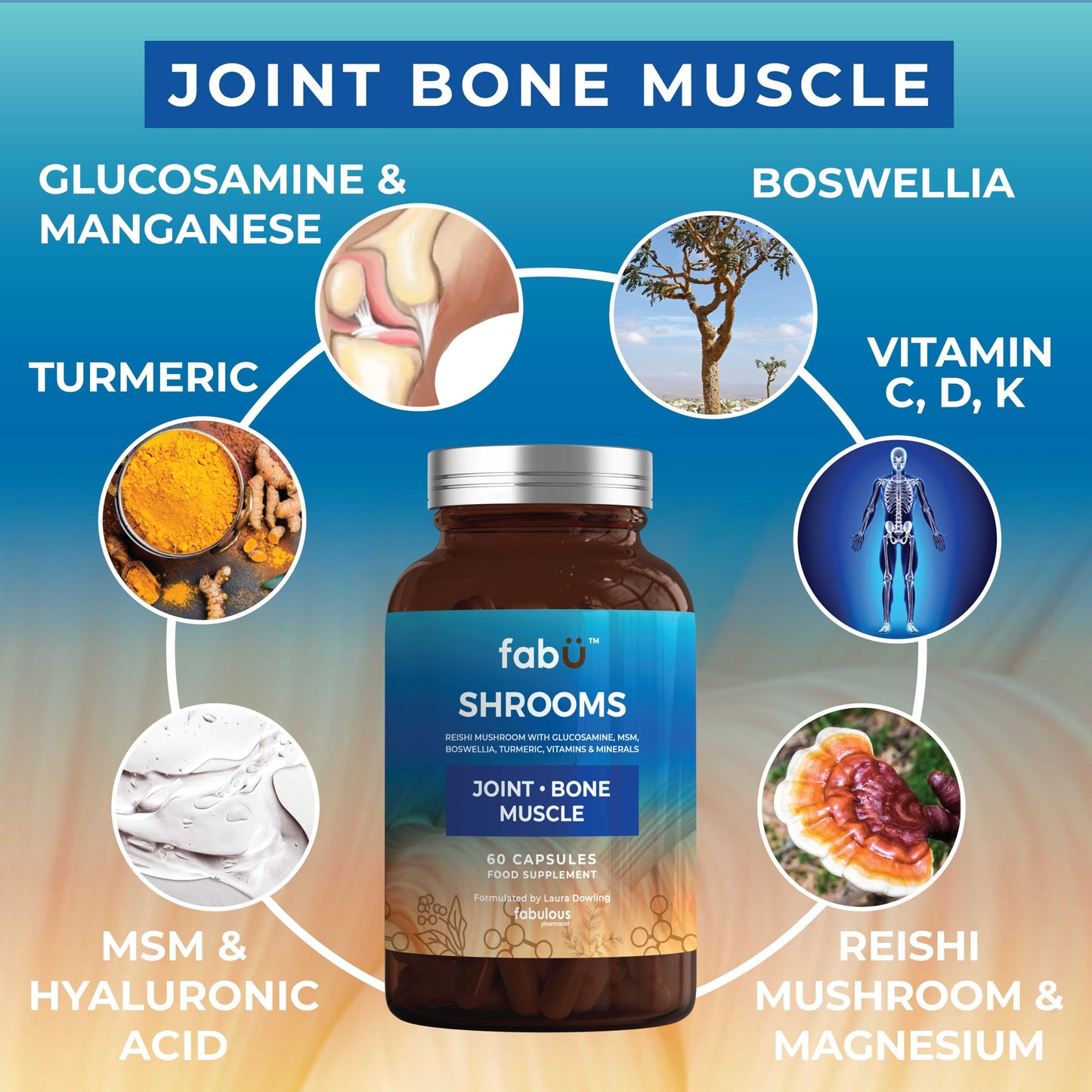 fabÜ JOINT-BONE-MUSCLE - Reishi Mushroom Supplement with Glucosamine, MSM, Boswellia, Turmeric and Vitamins and Minerals (60 Capsules)