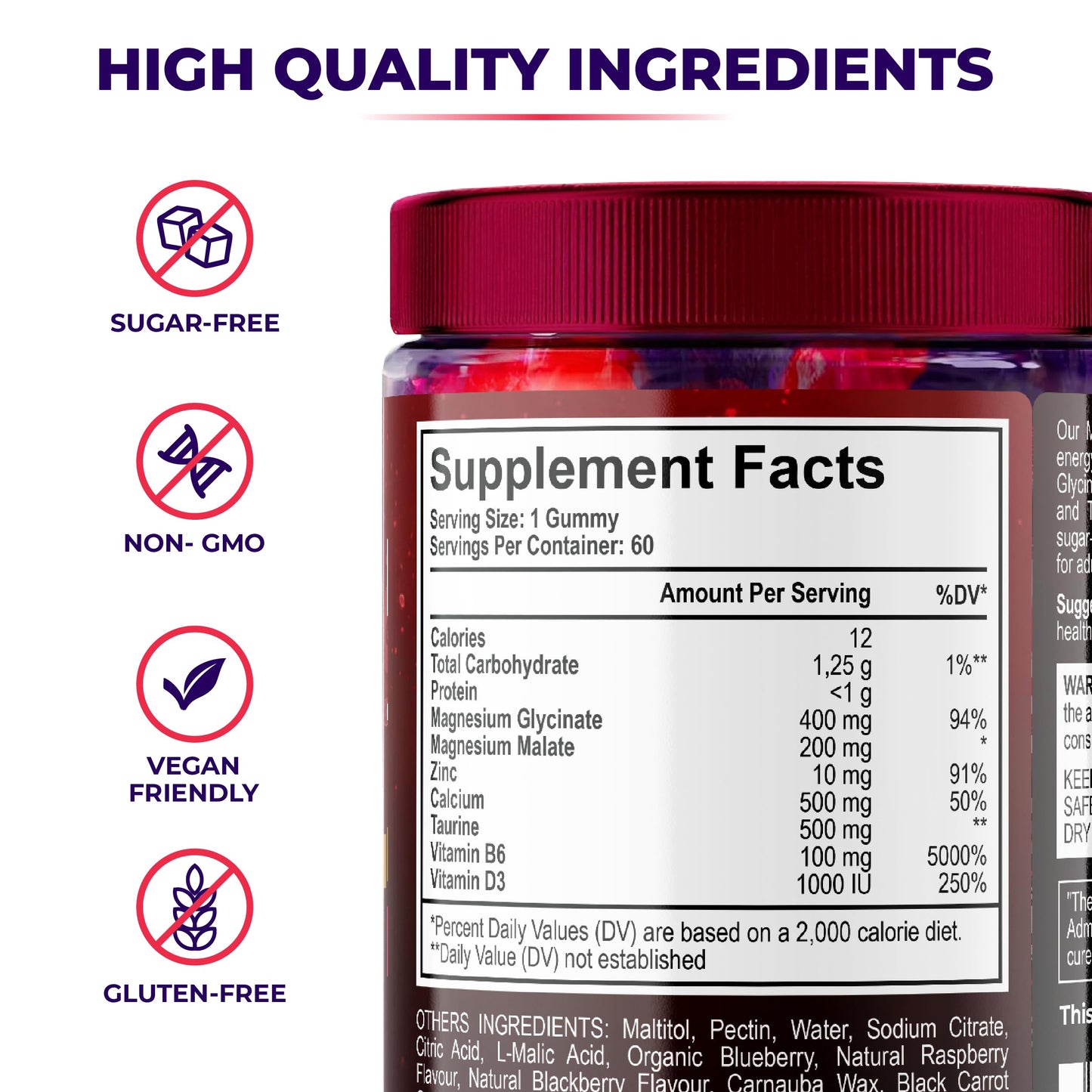 Magnesium Gummies for Kids & Adults - Magnesium Glycinate 400mg with Malate, Zinc, D3, B6 & Taurine – Blueberry & Raspberry Flavours