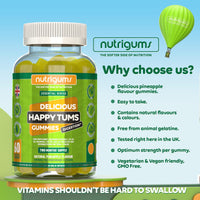 Nutrigums Happy TUMS Digestive Complex 60 Vegan Gummies. Pineapple Flavour. Gut Health with Probiotics 1.125 Billion CFU, Vitamins C, B3, B5, B6, Chamomile 1000mg and Xylitol. Two Months’ Supply by NUTRIGUMS®