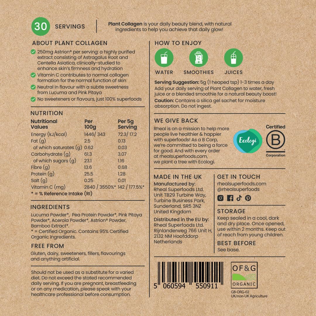 Rheal Plant Collagen 150 g – Organic Plant‑Based Collagen Support Powder with Astrion®, Acerola & Bamboo Silica – Supports Collagen Production, Skin Hydration & Glow – Vegan, Gluten‑Free – 30 Servings