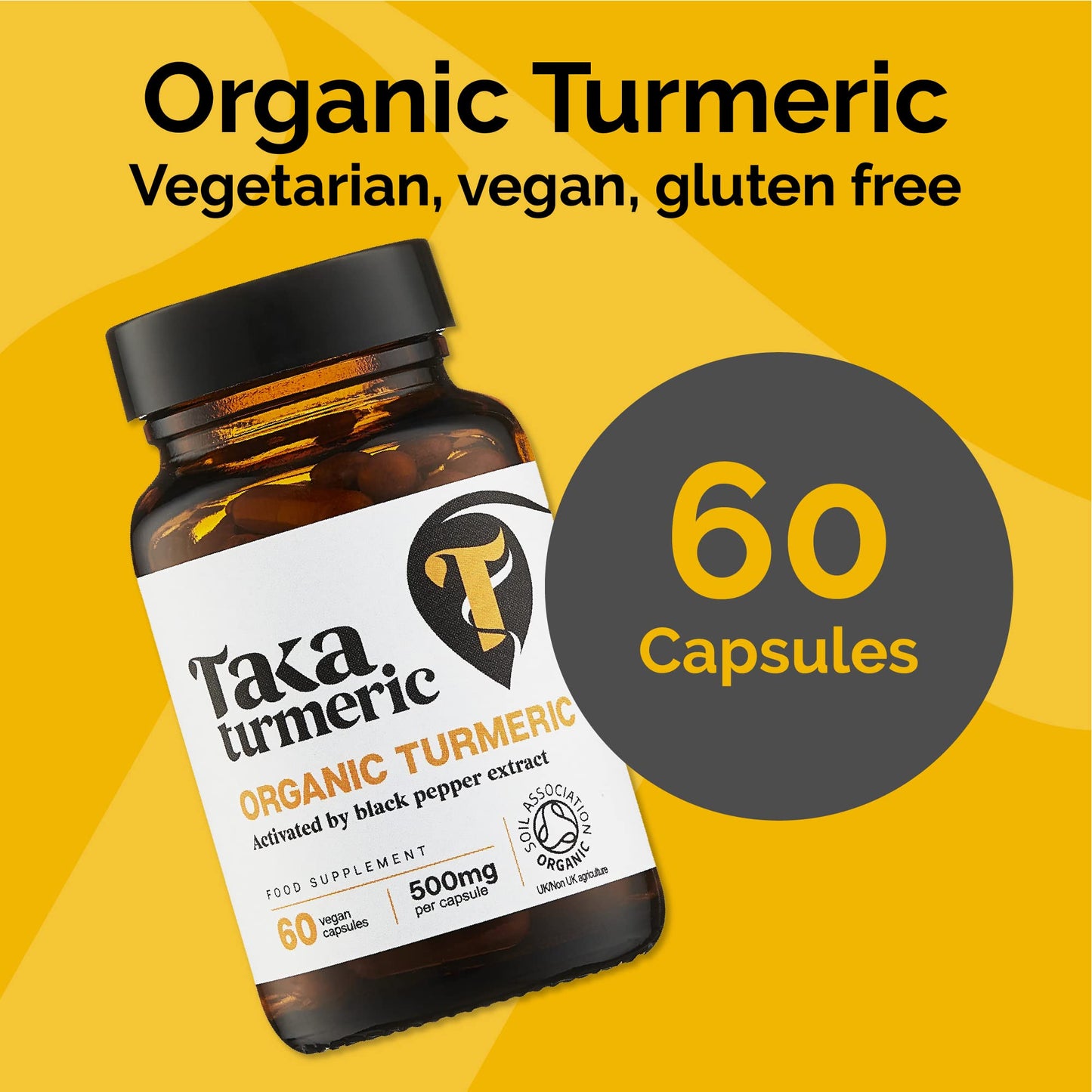 Taka Turmeric, 60 Caps Organic Turmeric with Black Pepper Extract Tumeric Curcumin Supplement, High Strength Tumeric Capsules with Curcumin and Black Pepper, Vegan, Recyclable Packaging