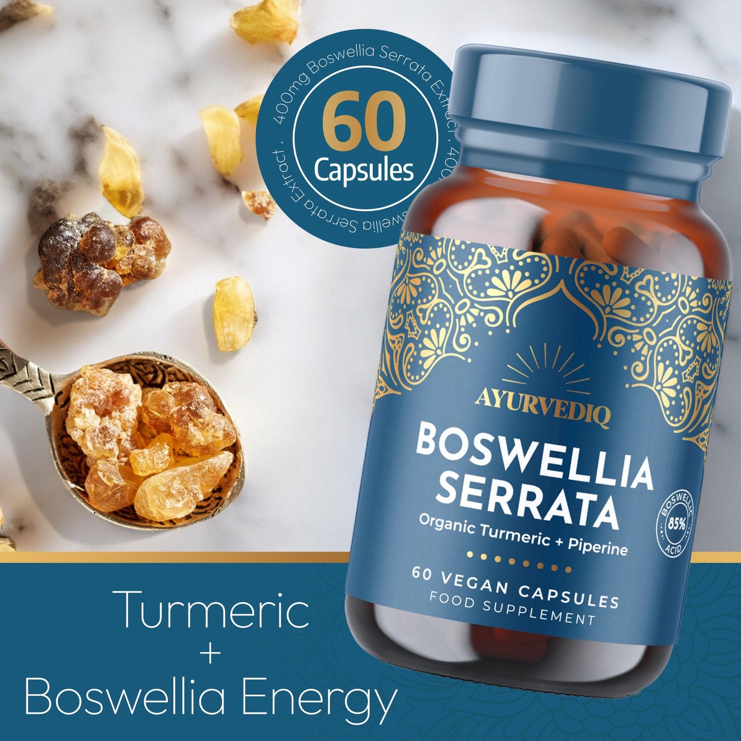 AYURVEDIQ WELLNESS Ayurvediq Boswellia Serrata and Turmeric with Black Pepper Piperine Capsules – 60 Vegan Organic Turmeric Curcumin Capsules a Natural Anti Inflammatory Supplement Joint Support - Ayurvedic Products