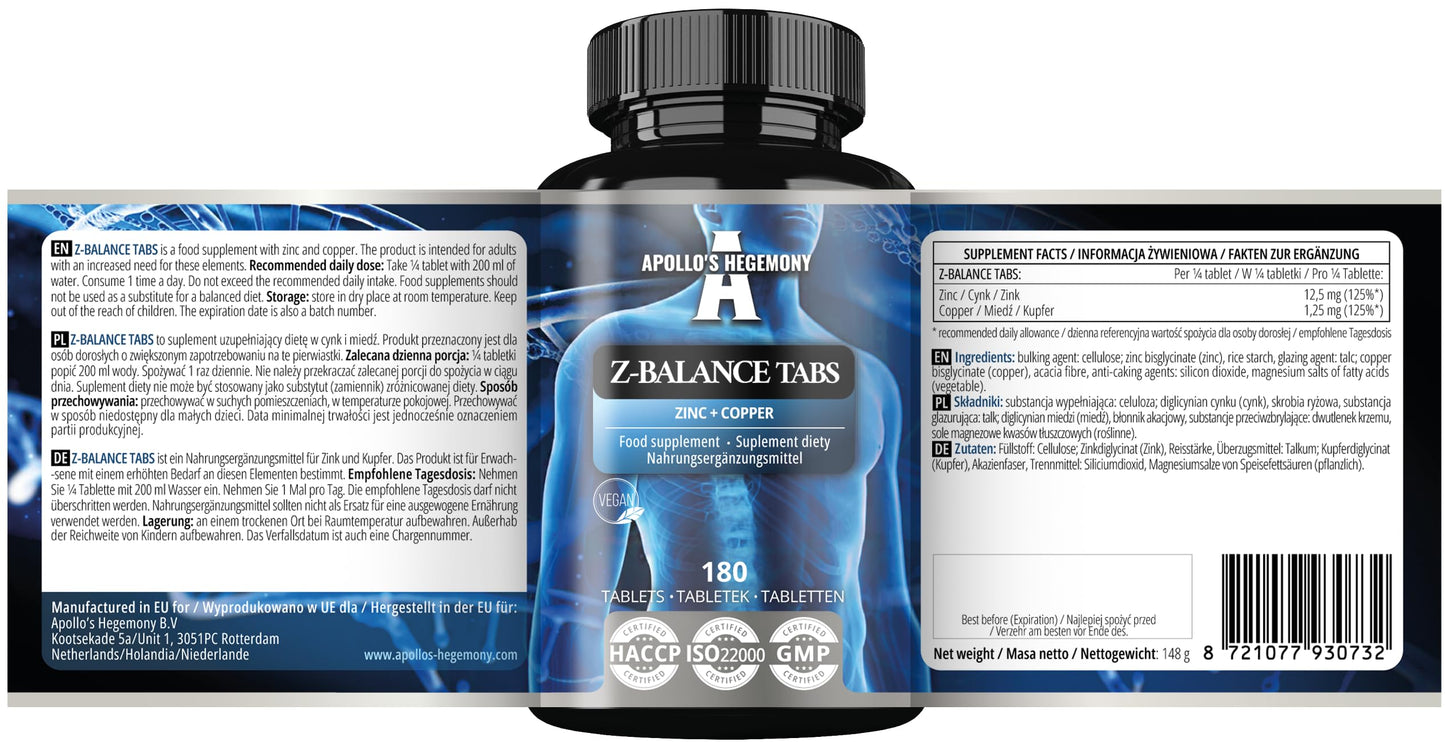 APOLLO'S HEGEMONY Z-Balance - Zinc 12,5mg + Cooper - 180 Tablets Capsules - 720 Servings - Zinc bisglycinate and Cooper bisglycinate - Supplement for Healthy Hair, Skin and Nails - by Apollo's Hegemony