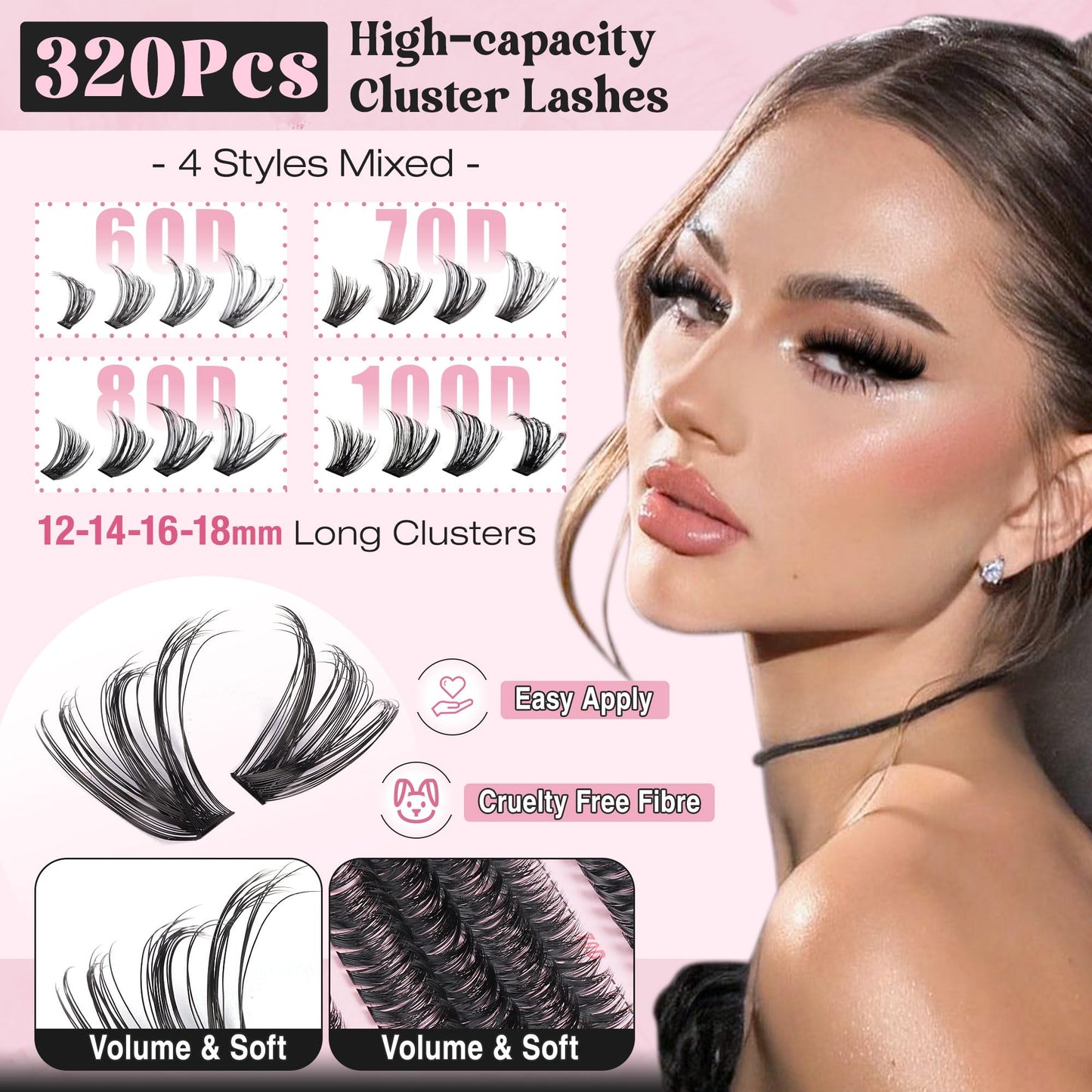 Goddvenus Fluffy Individual Eyelashes 60+70+80+100D Clusters Lashes 320Pcs Lash Clusters DIY Lashes Individual Cluster Russian D Curl Eyelash Clusters 12-18mm Mix Individual Lashes