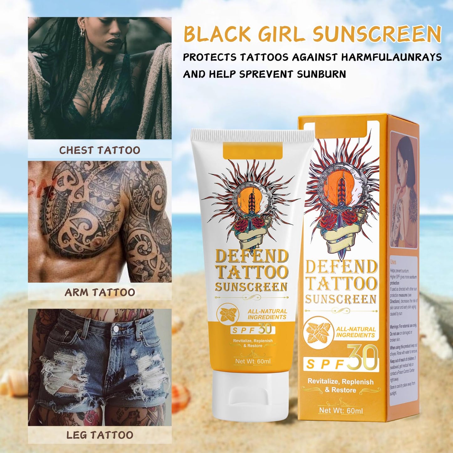 Trendyfave Tattoo Care Sunscreen - Tattoo Sun Cream Spf 30, Tattoo Sun Protection, Very Water+Sweat Resistant Natural Sunscreen, Tattoo Aftercare Suncream Lotion,Tattoo Fade Protection, 60ml