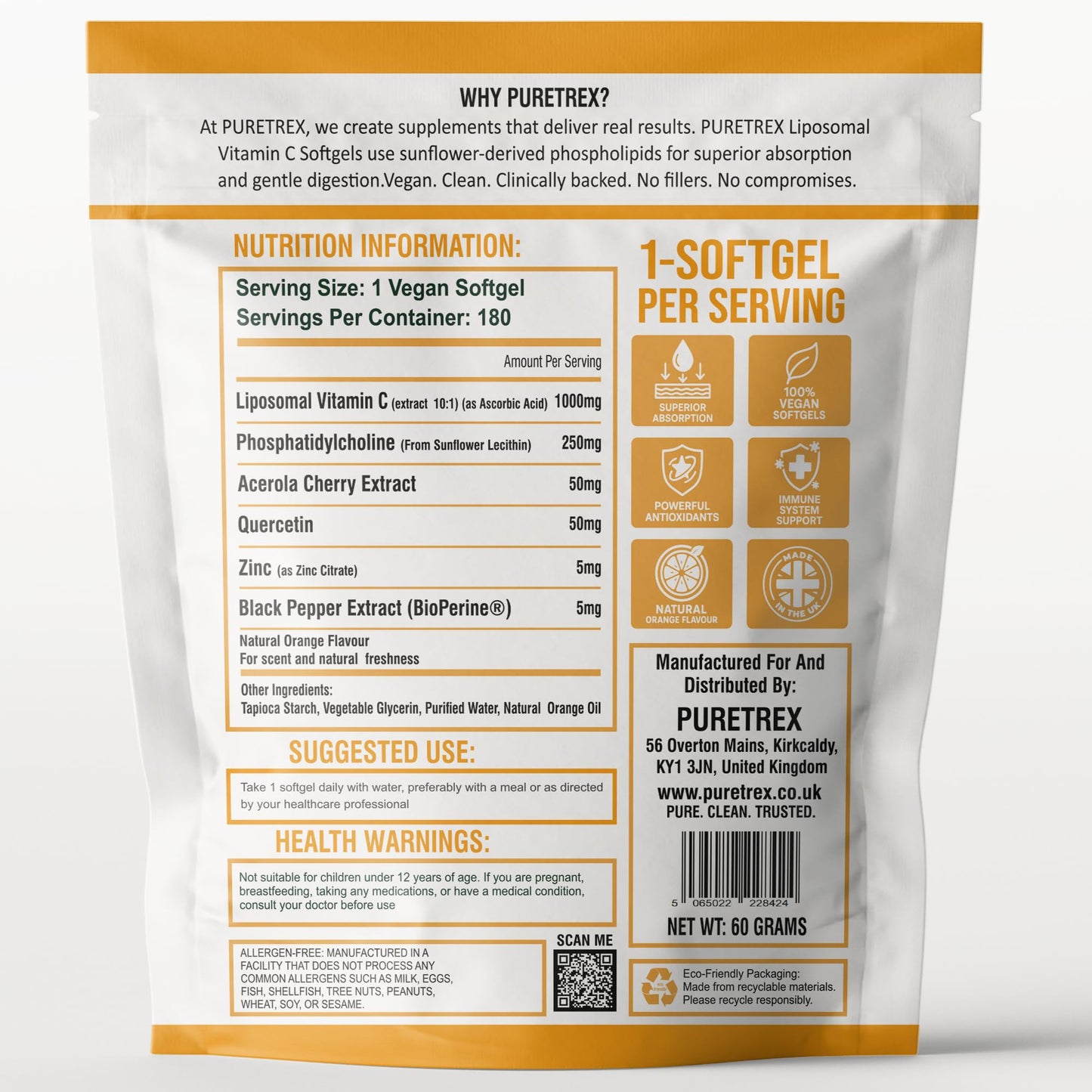 Puretrex Liposomal Vitamin C Softgels, High Absorption, Vegan, Non-GMO, 180 Count