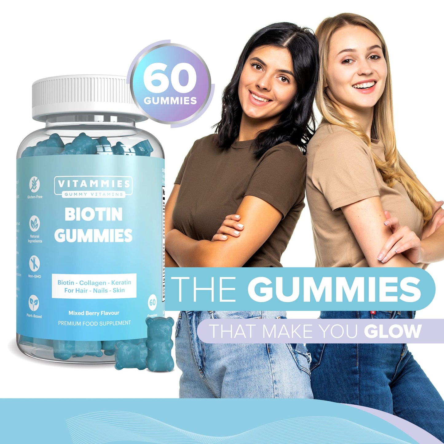 Vitammies Biotin Gummies 5000mcg for Hair, Skin, and Nails | Multivitamin for Women with Biotin, Keratin & Fish Collagen | Non Vegan | Anti-Aging | Gluten-Free | Plant-Based (60 Gummies)