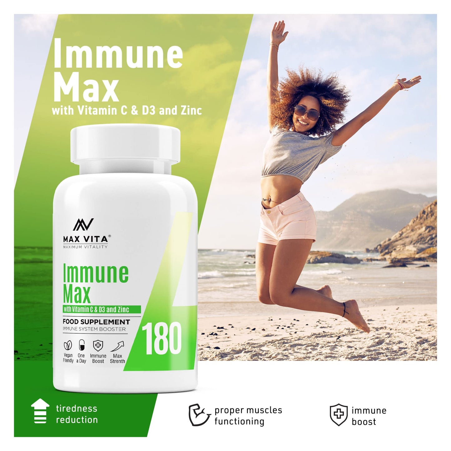 MAX VITA MAXIMUM VITALITY Vitamin C with Zinc 15mg & Vitamin D3 2000IU Multivitamin for Men & Women Immune Booster Strong Bones Teeth - 180 Vegan & Vegetarian Tablets Made in The UK