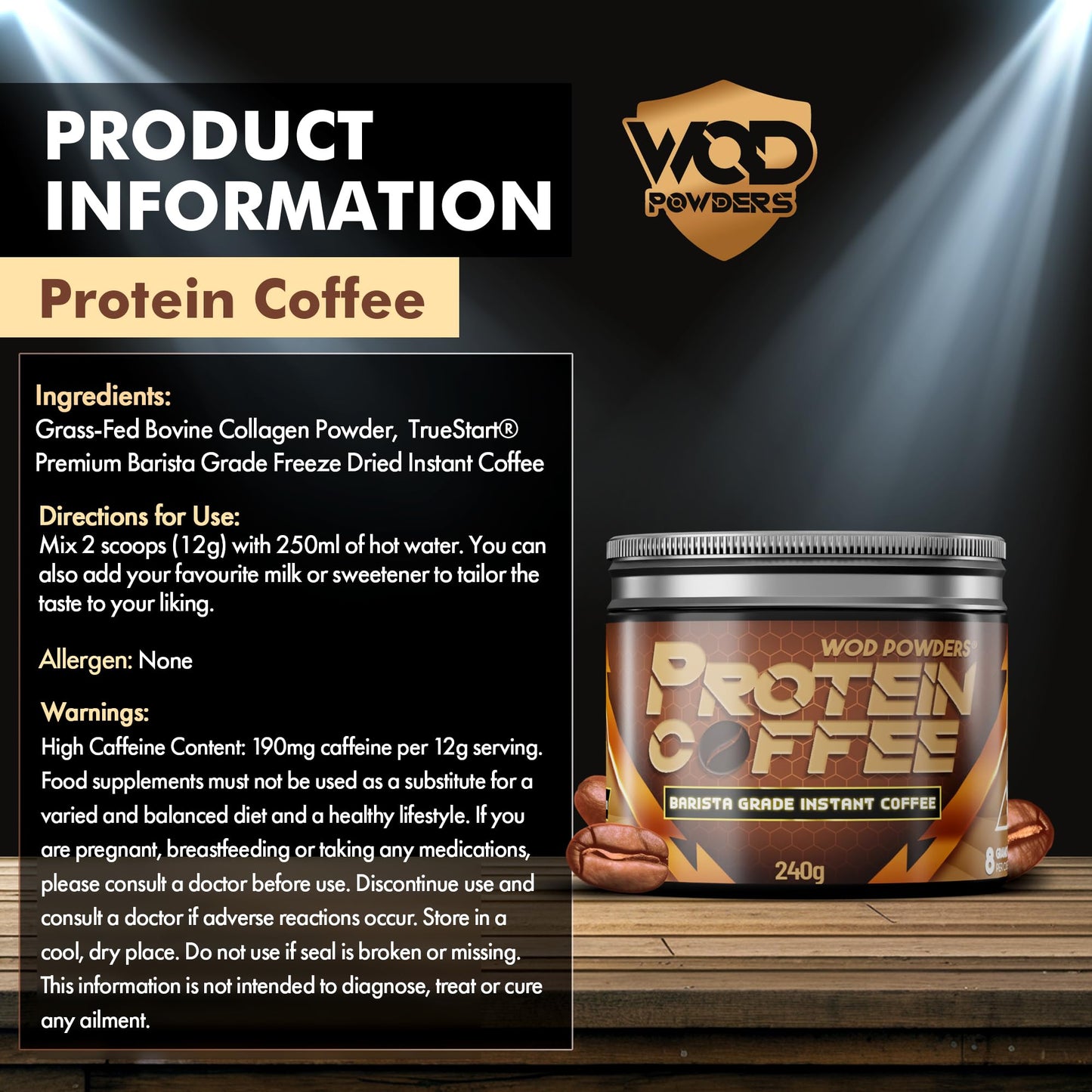 Protein Coffee | Barista Grade Freeze Dried Instant Coffee with Grass-Fed Bovine Collagen Powder | 240g Tub with Scoop | TrueStart® Coffee with Hydrolysed Collagen - Made in the UK by WOD Powders
