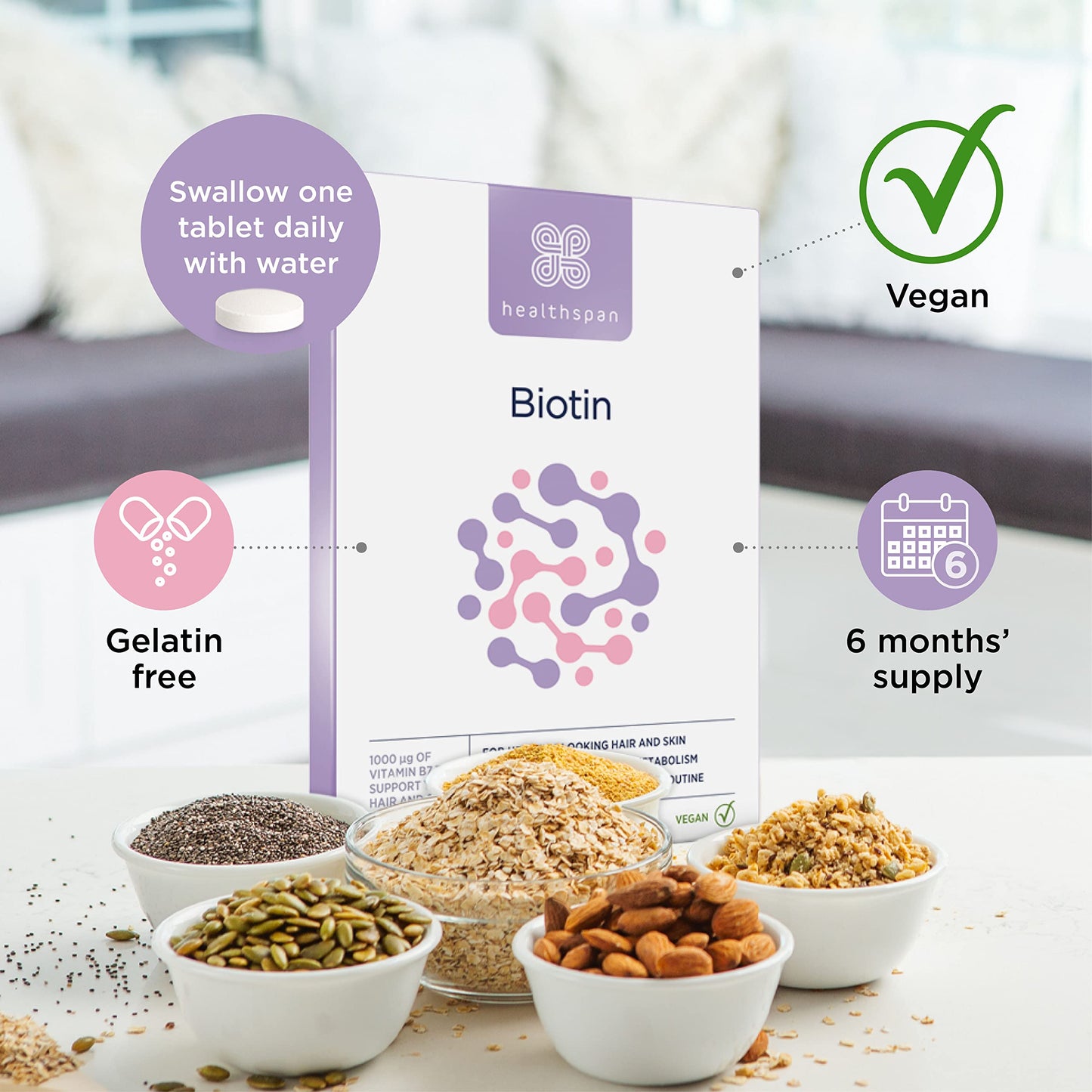 healthspan Healthspan Biotin 1,000μg (6 Months Supply) | Vitamin B for Healthy Hair & Skin | Supports Macronutrient Metabolism | One-a-Day Tablets | Vegan