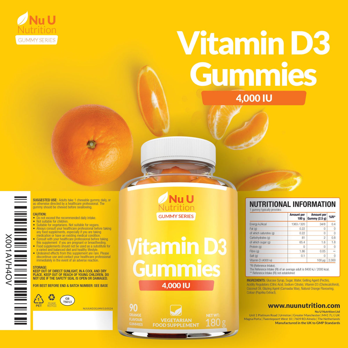 Vitamin D3 Gummies 4000IU Adults - 90 Vegetarian Gummies - Natural Orange Flavour - Chewable VIT D Gummy Supplement - Made in the UK - Nu U Nutrition