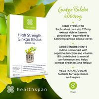 healthspan Healthspan Ginkgo Biloba 6,000mg | High Strength | 180 Tablets | Iodine | Vitamin B5 | Flavone Glycosides | Vegan