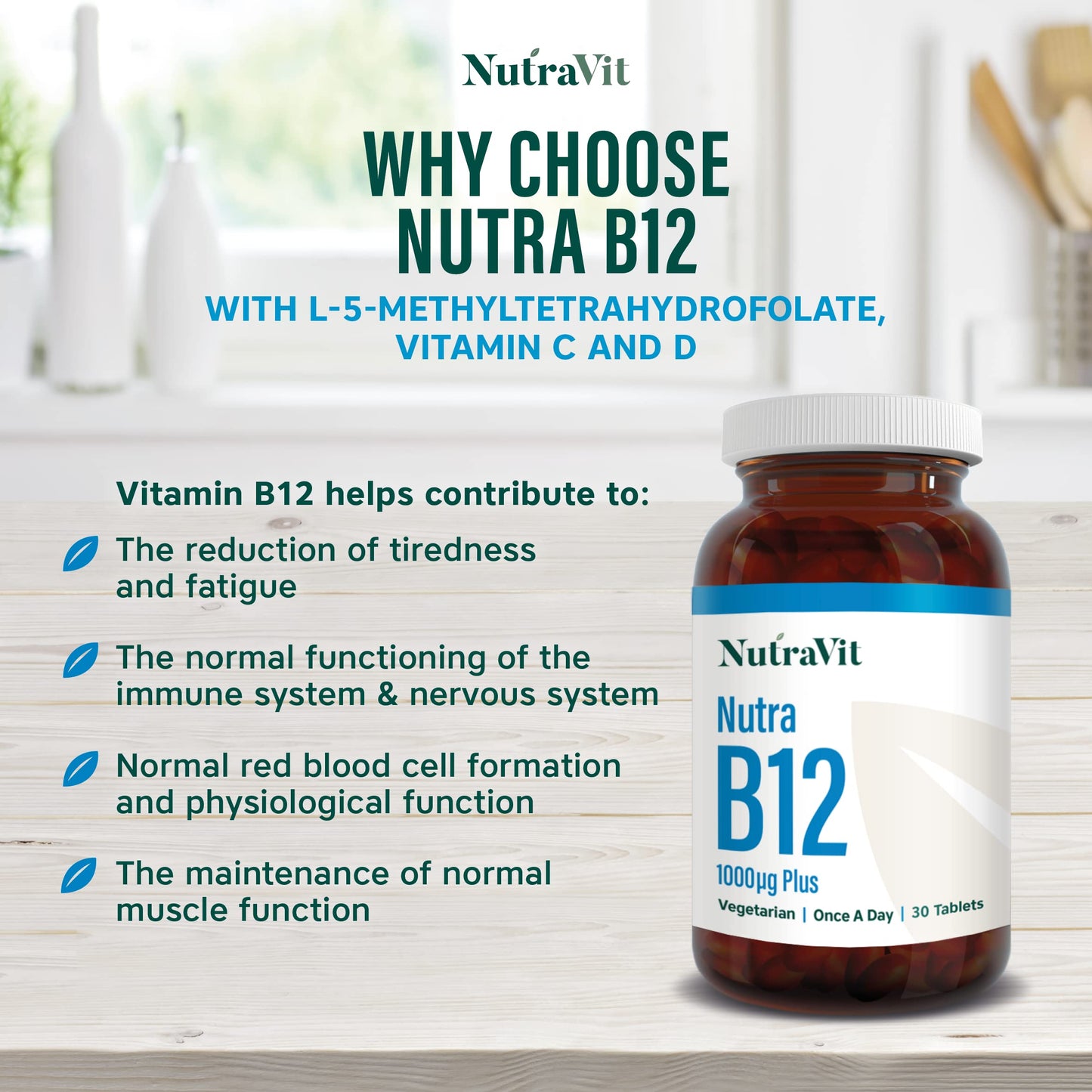 NUTRA B12 Plus - 1000mcg Vitamin B12 Tablets (Methylcobalamin) - 30 Tablets - High Strength Methylcobalamin Vitamin for Tiredness & Fatigue - Vitamin C, D, Folate - Vegetarian - NutraVit