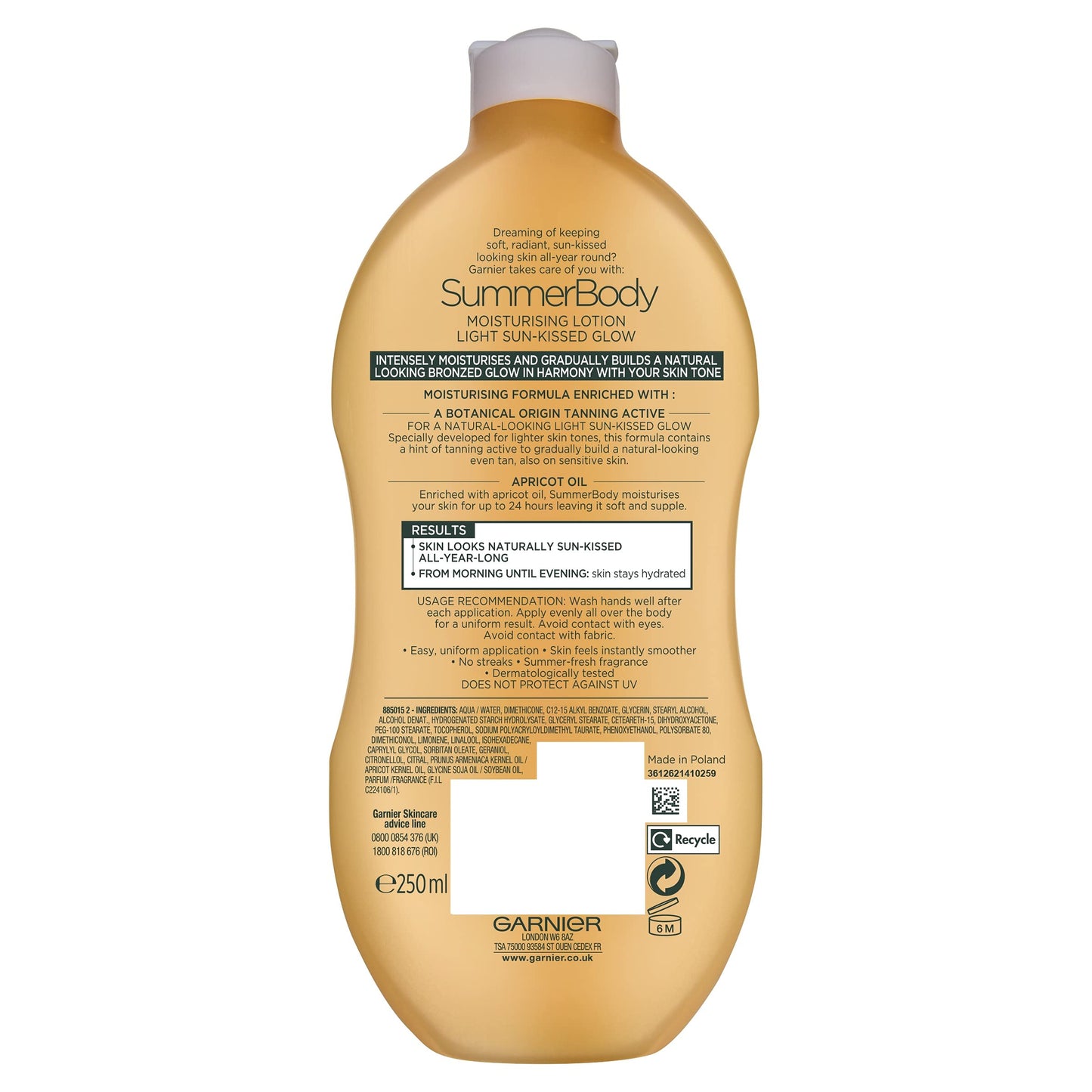 Garnier Summer Body Gradual Tan Moisturiser Light 250ml, For A Radiant, Sun Kissed Glow, Suitable For Face & Body, 24 Hour Hydration & A Natural Even Tan, Fast Absorption, Vegan Formula