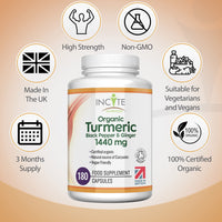 Organic Turmeric Curcumin 1440mg - 180 Premium Vegan Capsules - High Strength Quality Organic Turmeric Curcumin with Organic Black Pepper & Ginger