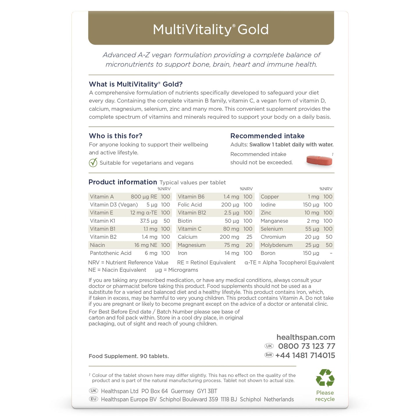 Healthspan Multivitamin Gold (90 Tablets) | A-Z Formulation | Wellbeing & Immune Support | Algal Source Vitamin D3 | Vitamins A, B, C, D, E & K | Calcium, Iron, Magnesium, Selenium & Zinc | Vegan