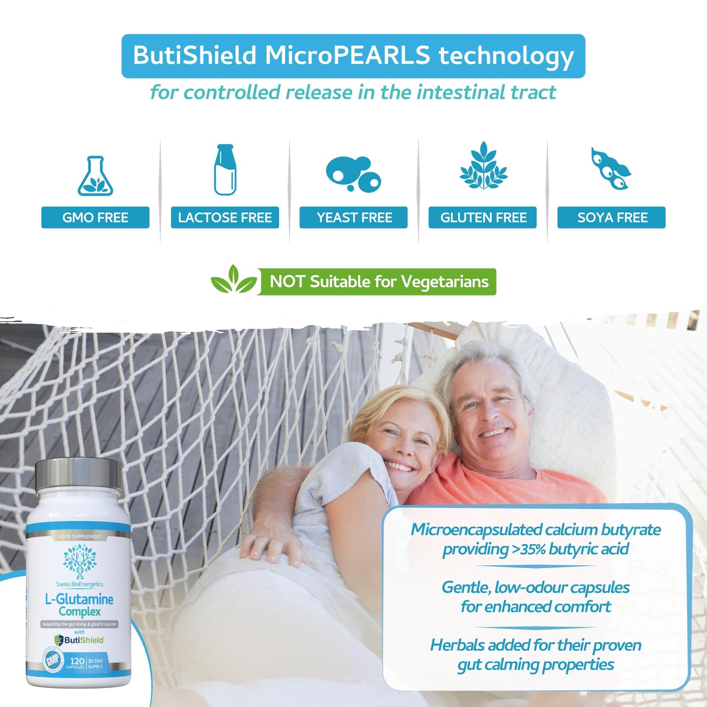 swiss bioenergetics L-Glutamine Complex with Butyric Acid, Glucosamine (N-Acetyl-D), Marshmallow Root, Slippery Elm Bark, Liquorice Root, Chamomile Flower, Mastic Gum, Quercetin & Zinc - UK Made and No Artificial Nasties