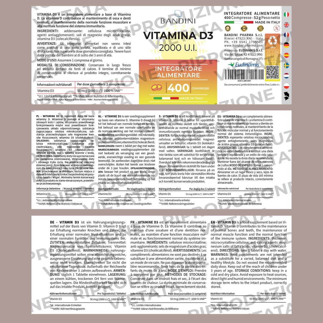 BANDINI Bandini® Vitamin D 2000 IU - High Strength Vitamin D3 Supplement (Cholecalciferol) - 400 Easy Swallow Micro Tablets (1+ Year Supply) - Vegetarian Vitamins - Immune System Booster & Bone Health Support