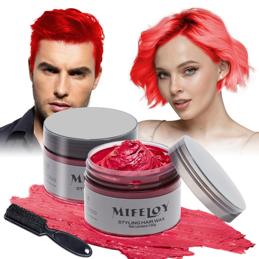 Mifeloy 2 Pcs 120g Temporary Red Hair Color Wax with Dye Brush, Instant Natural Hairstyle Cream, Disposable Coloring Mud for Men Women Youth, Washable Styling Pomades for Party Cosplay DIY Halloween