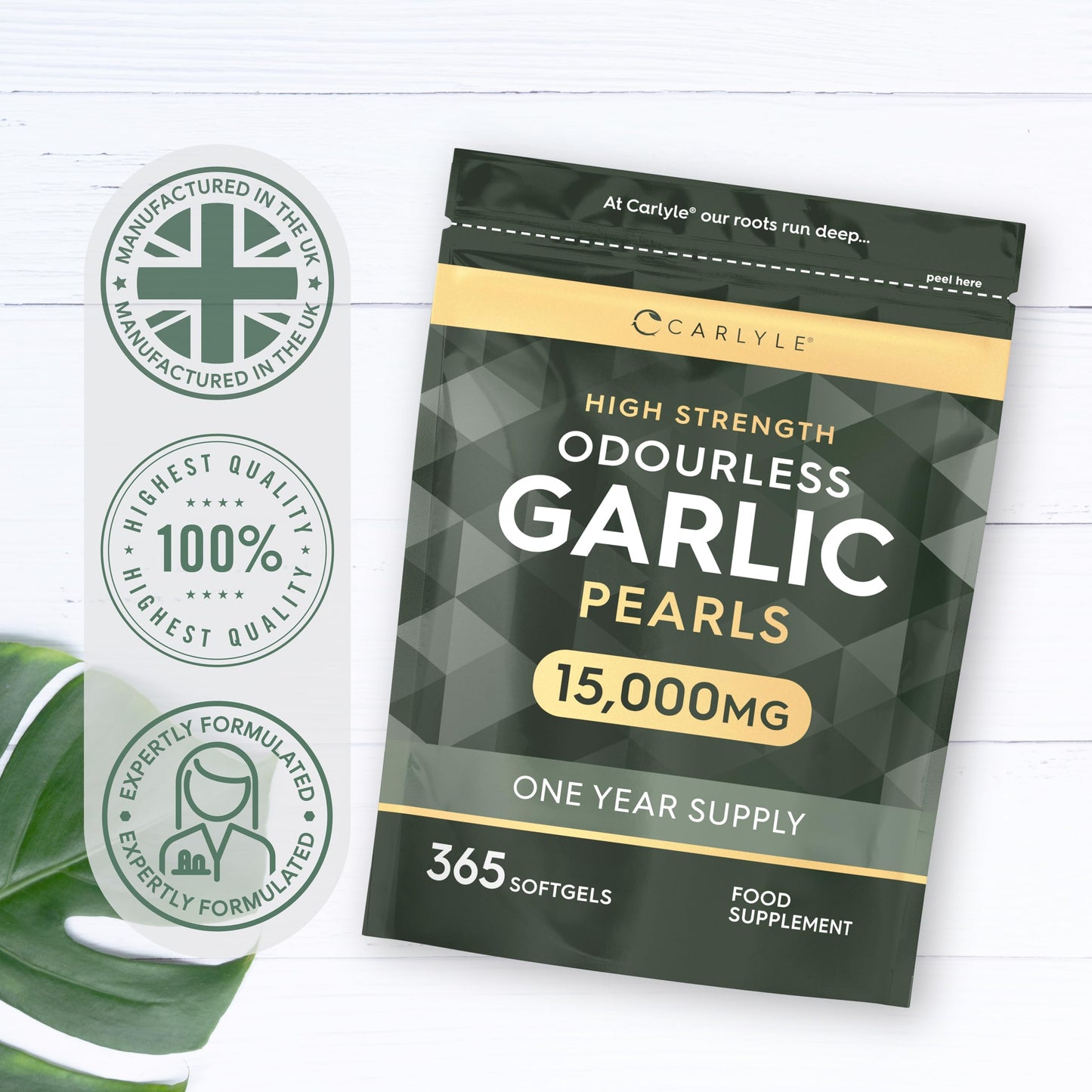Odourless Garlic Capsules 15000mg | 365 Count | High Strength Garlic Oil | One Year Supply | No Artificial Preservatives | by Carlyle