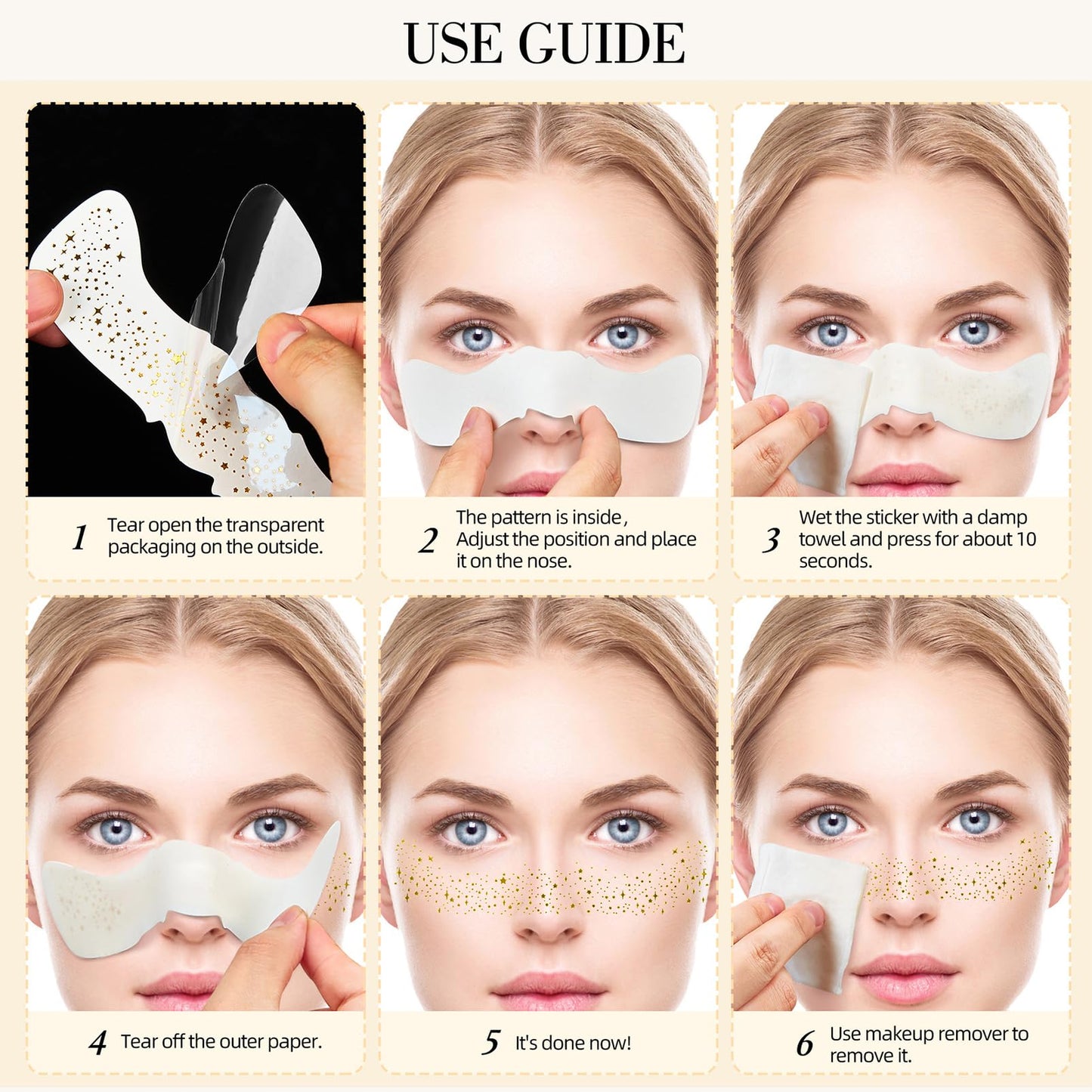 MEITREND Glitter Freckles Face Tattoo,6PCS Gold Glitter Freckles,Sparkle Makeup Patches Face Glitter Tattoo Festival Essentials Waterproof Temporary MakeupTattoo for Women