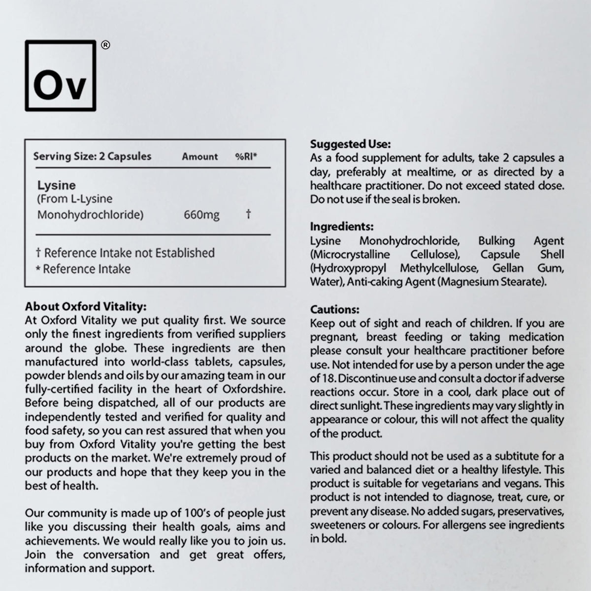 Ov OXFORD VITALITY Oxford Vitality Lysine 660mg Capsules | Essential Amino Acid for Collagen Formation Protein Metabolism Immune Support and Tissue Repair | High Strength L-Lysine | Pack of 240