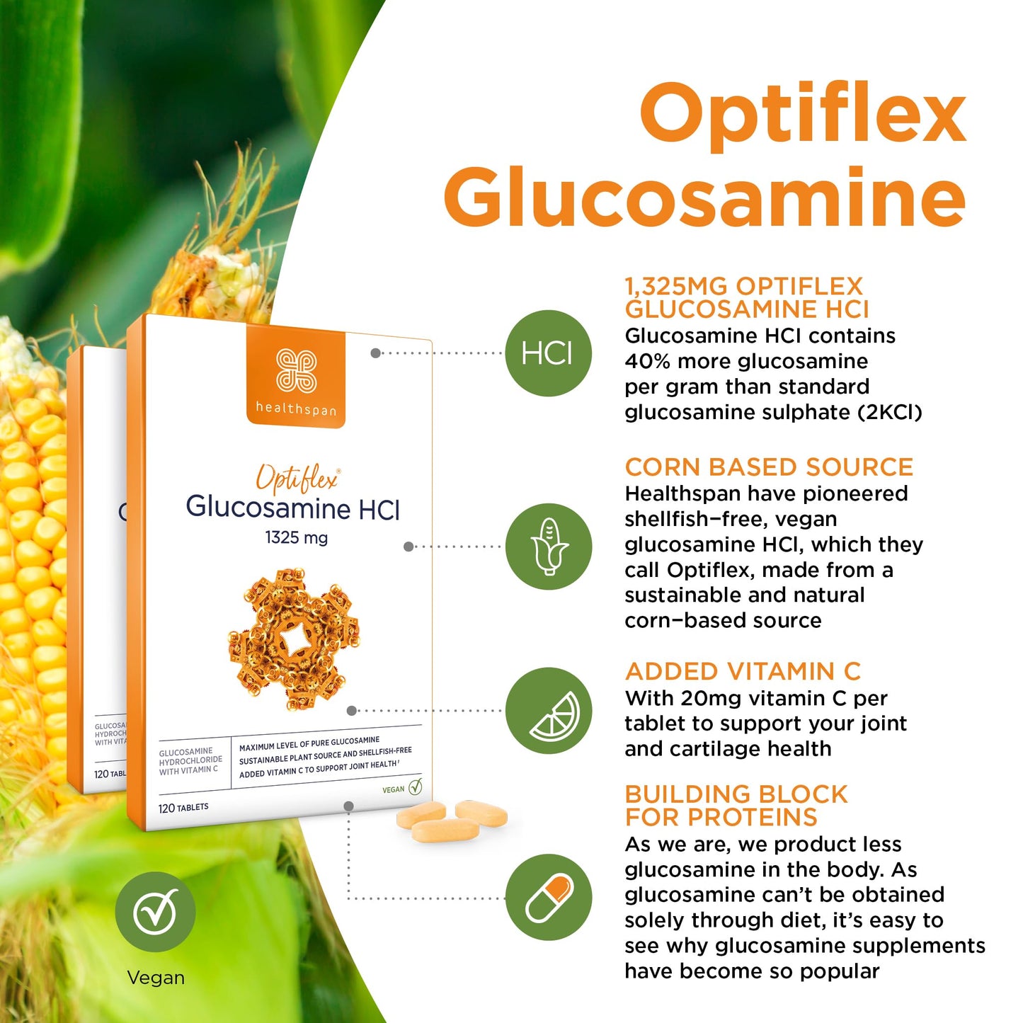 healthspan Healthspan Optiflex Glucosamine HCI 1,325mg with Vitamin C (8 Months' Supply) | Shellfish Free Vegan Tablets for Joint Health | 40% More glucosamine Than Glucosamine Sulphate | Added Vitamin C