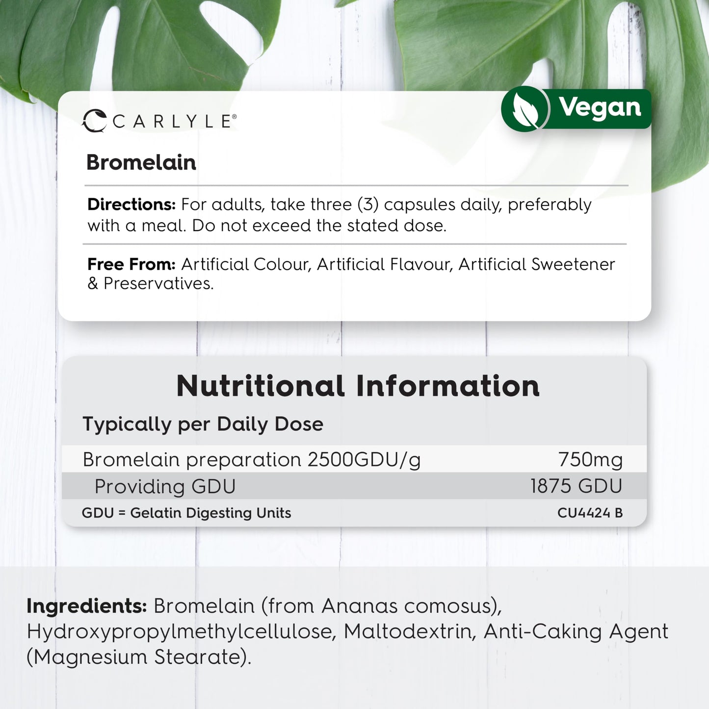 Bromelain High Strength 750mg | 1875 GDU | 90 Vegan Capsules | Digestive Enzyme Supplement | by Carlyle