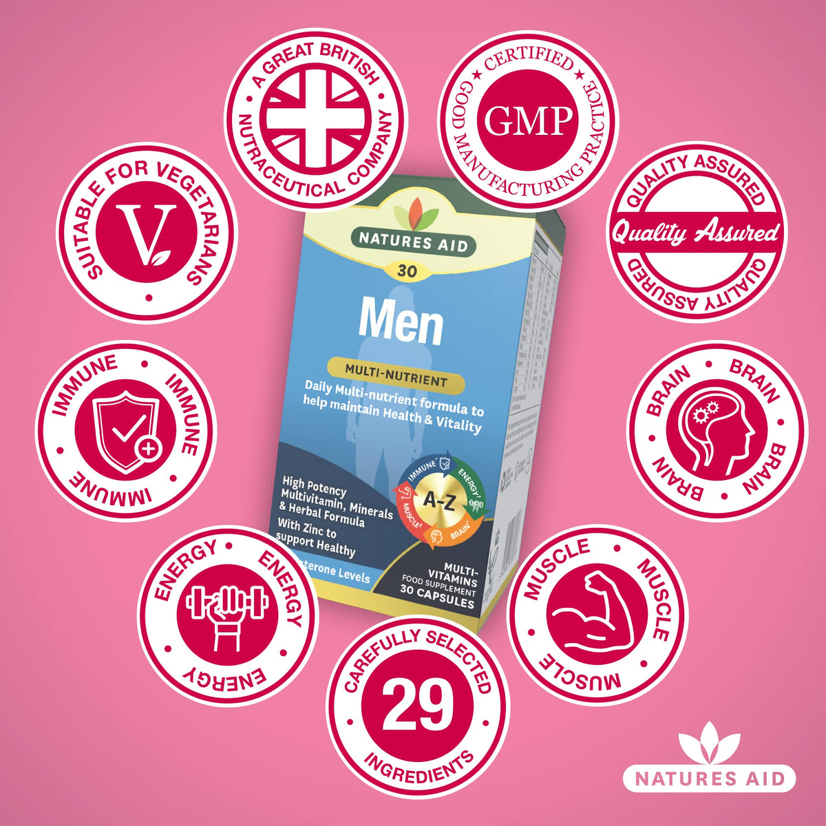 Natures Aid Men's Multi-Vitamins and Minerals Capsules (29 Essential Vitamins and Minerals + Superfood Complex, 30 Capsules, Suitable for Vegetarians, Made in The UK)