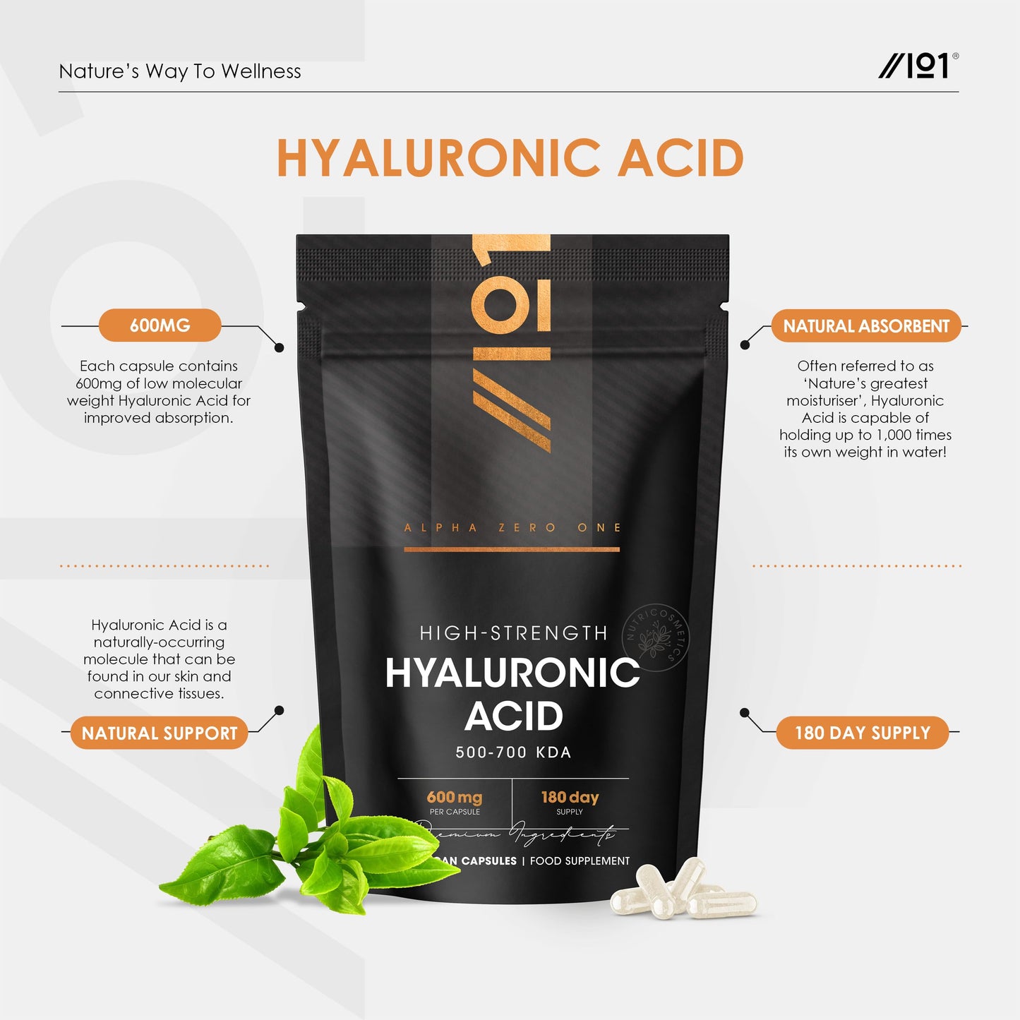 ALPHA01 Hyaluronic Acid Supplement 600mg (800-1500 KDA) - 180 Vegan Triple Strength Hyaluronic Acid Capsules - 6 Month Supply - Natural Skin, Hair & Joint Supplement for Women & Men - Superior Absorption