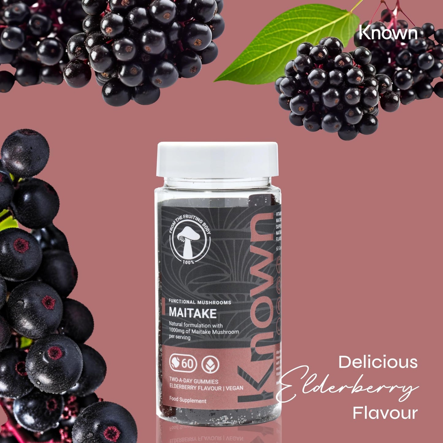Maitake 1000mg Mushroom Gummies by Known Nutrition | Natural Anti-Inflammatory & Immune Support | Delicious Natural Elderberry Flavour | 60 Two-a-Day Vegan Gummies (One Month’s Supply)
