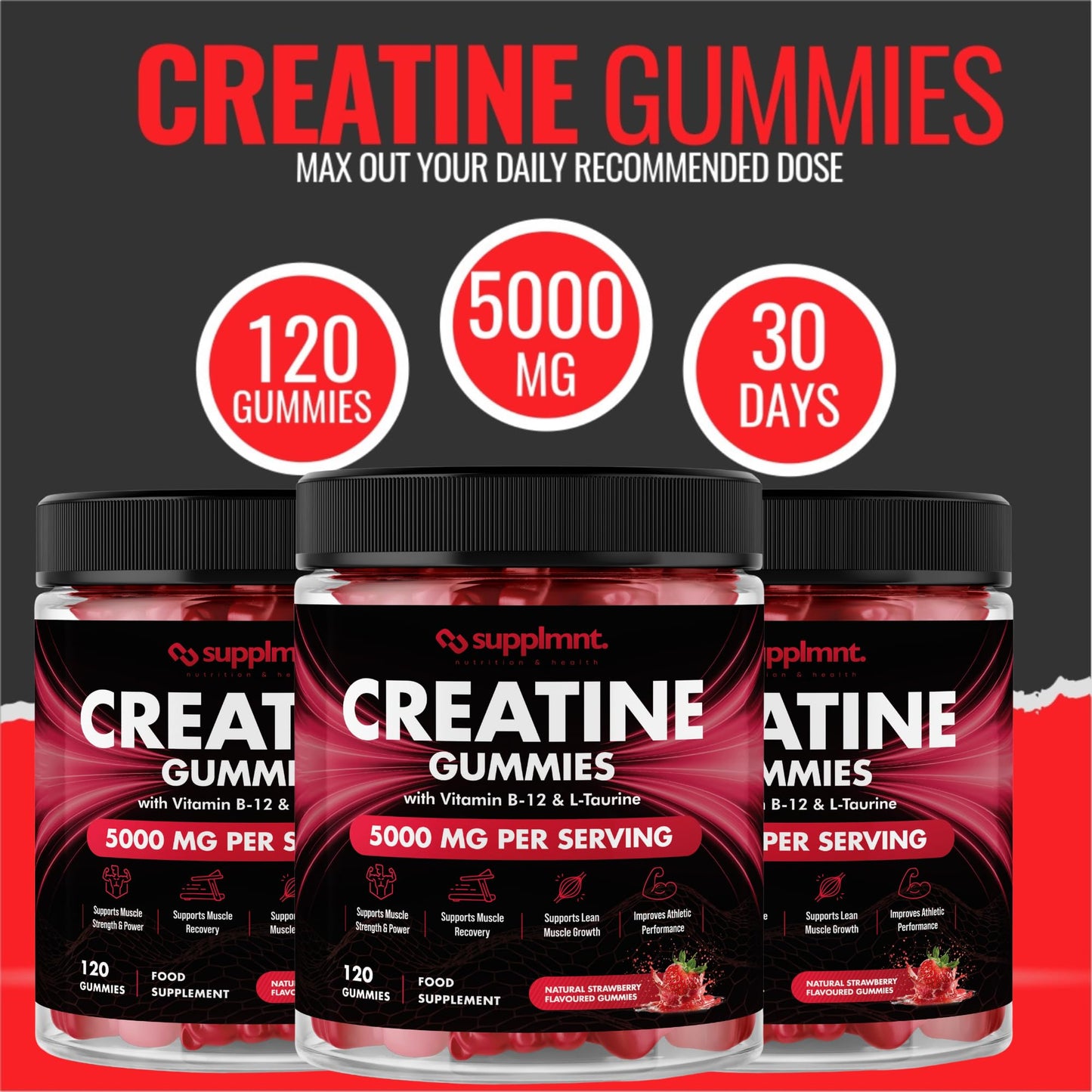 Creatine 120 Gummies Max 5000mg for Men & Women Creatine Monohydrate Plus B12 and L-Taurine Chewable Gummies, Strawberry Flavour 1 Month Supply (1 Count (Pack of 120), Strawberry)
