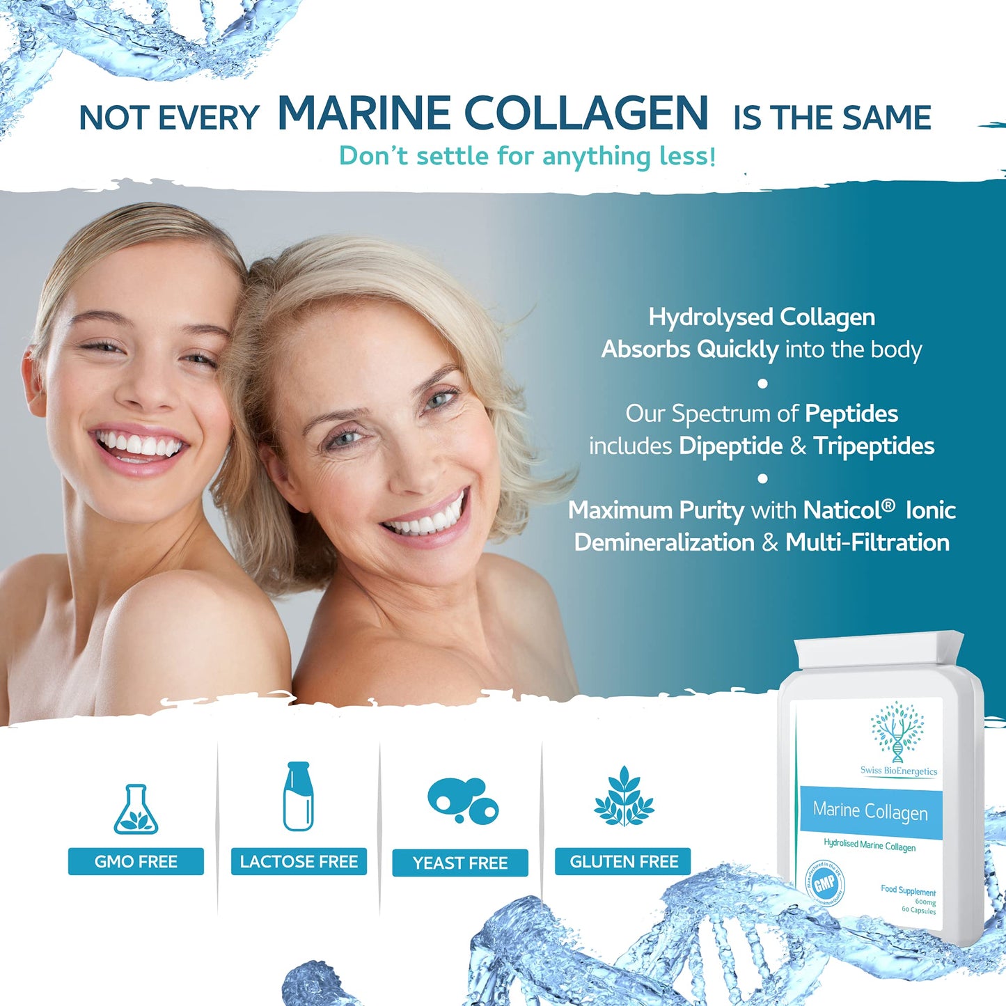 swiss bioenergetics Marine Collagen 600mg 60 Capsules - Highly Bioavailable Naticol® Type 1 Produced by enzymatic hydrolysis ensuring The Highest Levels of oligopeptides with Maximum Purity