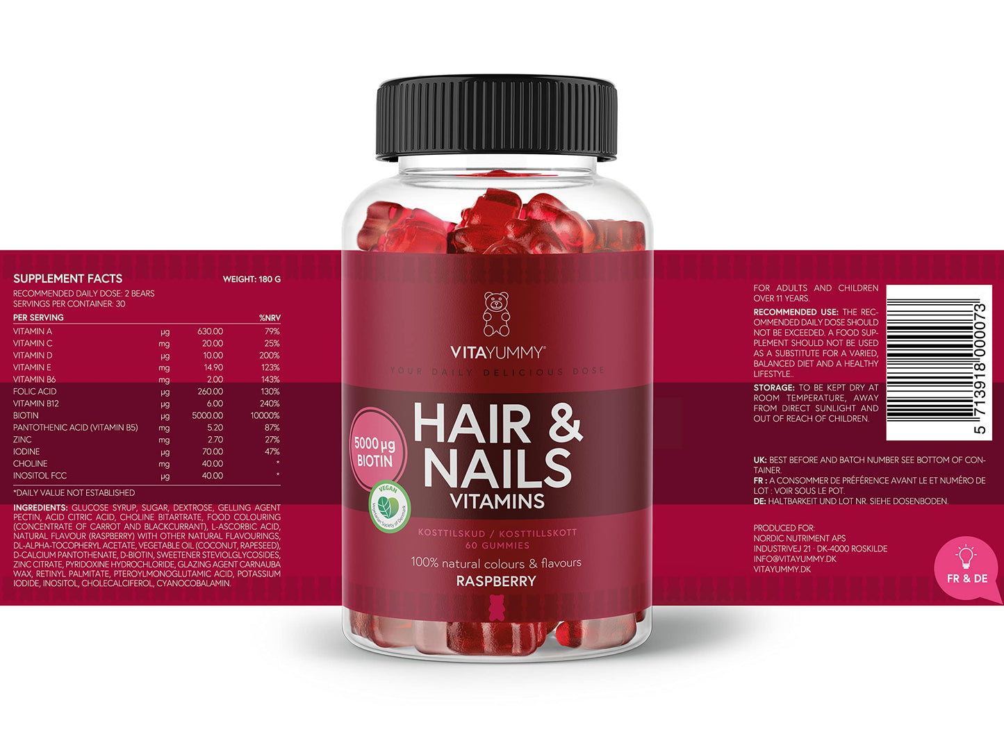 VITAYUMMY Vegan Hair Skin and Nails Vitamins for Women - Multivitamin Gummies Biotin Hair Growth Supplement - Vitamin A C D E B6 B12 Folic Acid & More - Chewable Raspberry Flavored Hair Vitamins