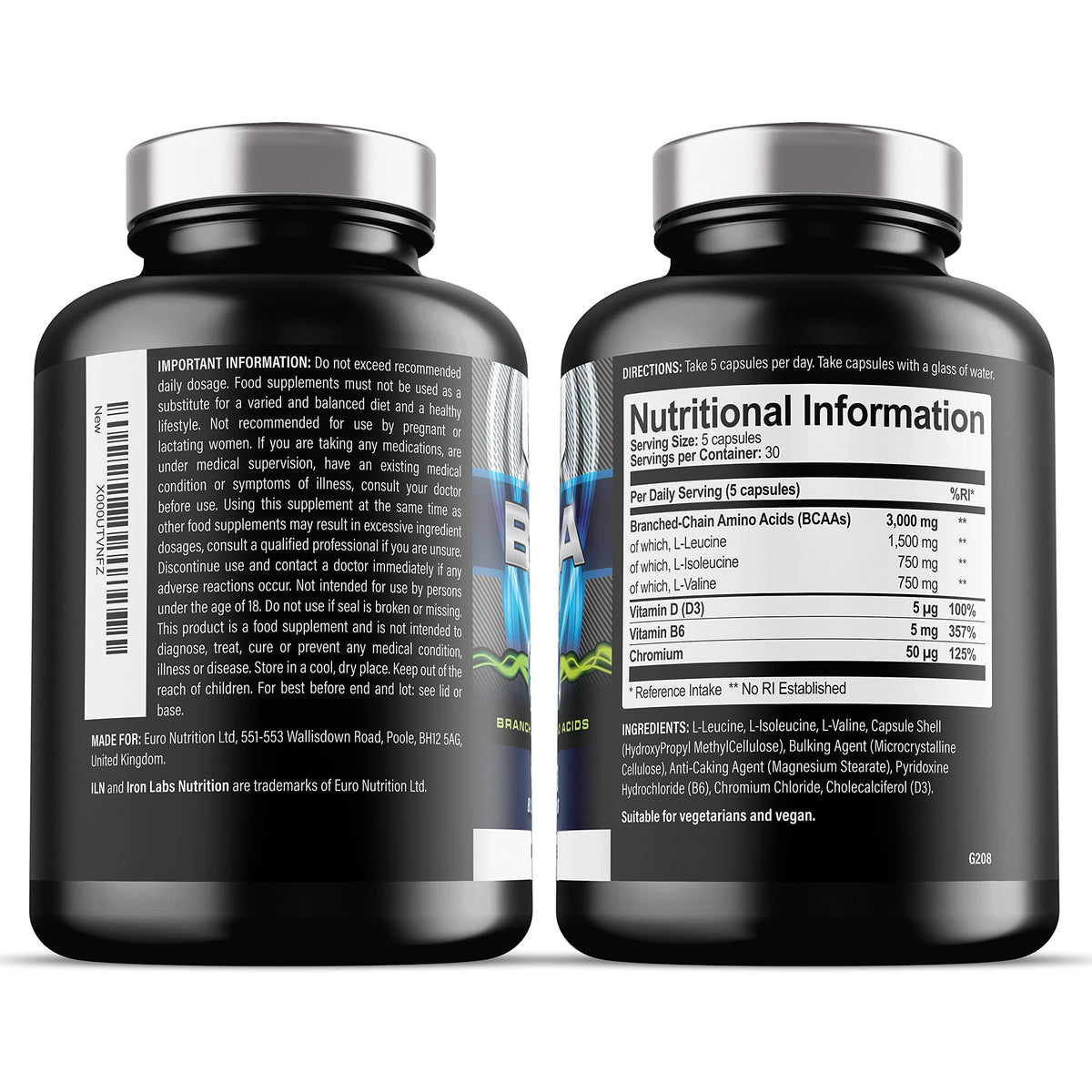 Iron Labs Nutrition BCAA 3000mg - 2:1:1 BCAA Capsules - BCAAs (300 Capsules) - 3000mg BCAAs per Serving - BCAA Amino Acids - 60 Servings - Suitable for Vegans & Vegetarians