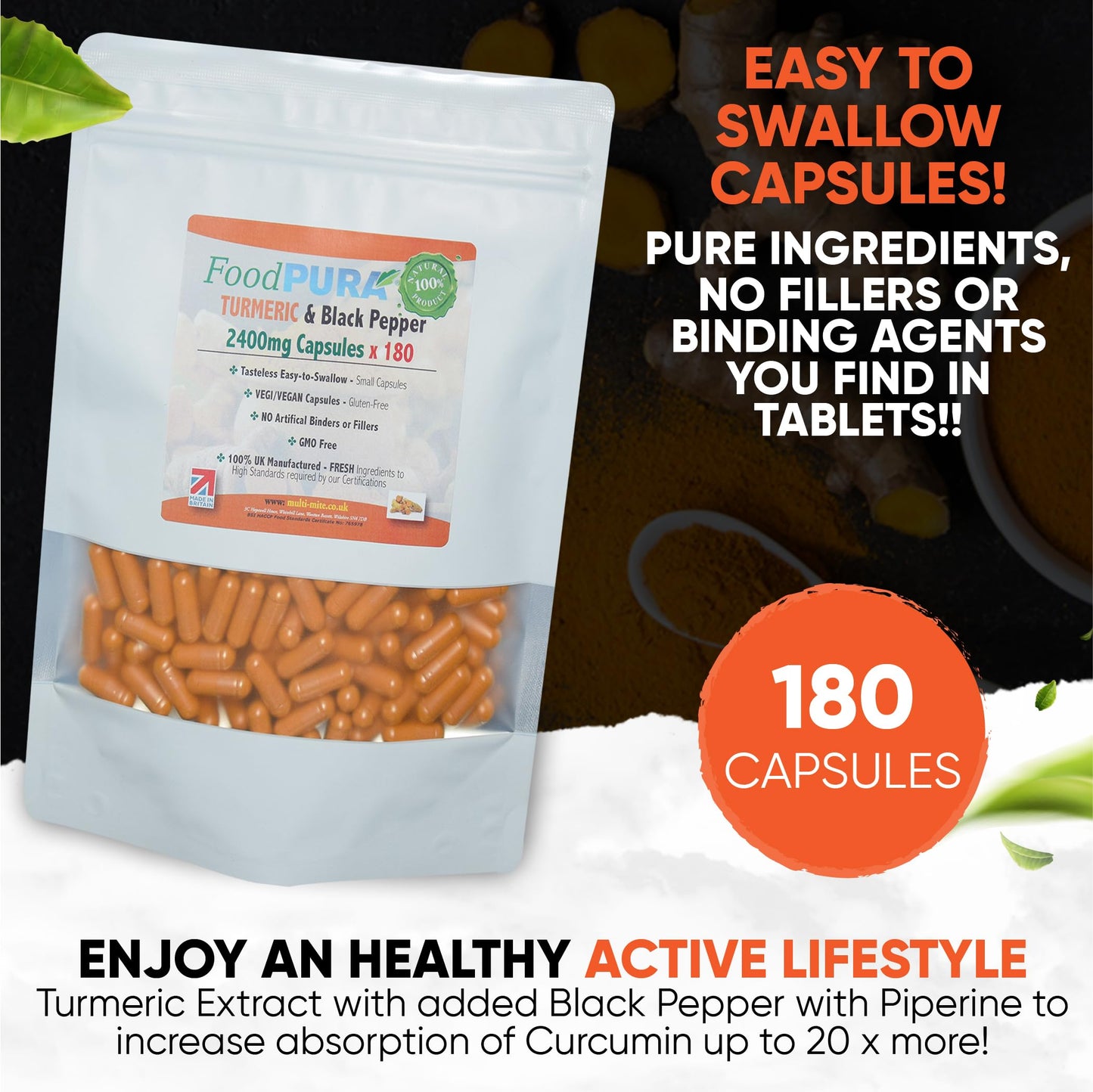 FoodPURA Turmeric with Black Pepper Capsules High Strength 2400mg HACCP Certified, Manufactured in The UK by FoodPURA 1 Pack of 180 Capsules