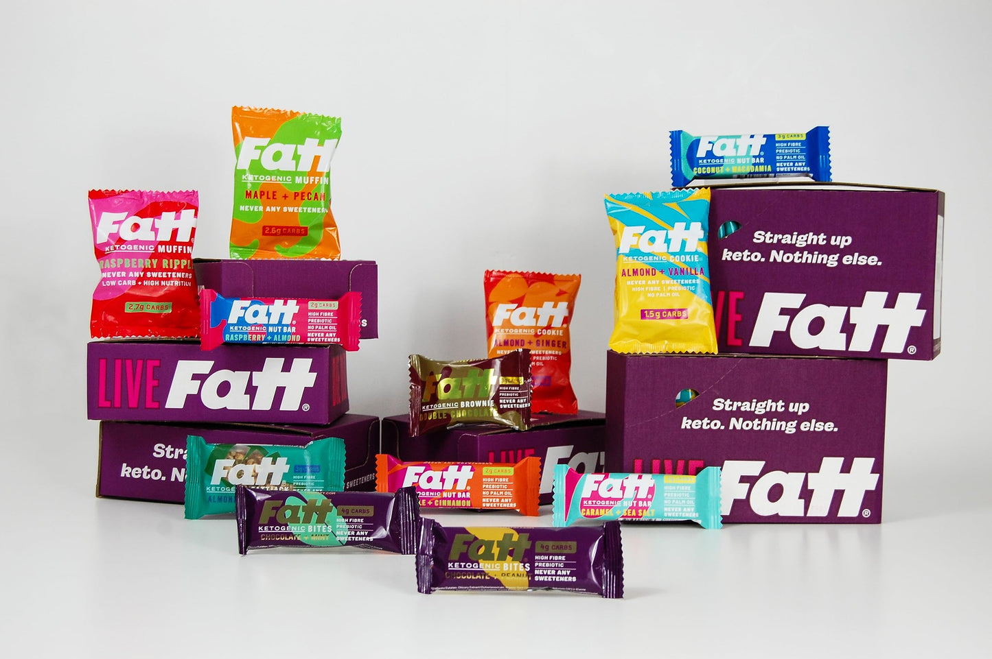 Fatt Keto Snack Bars - Variety Pack - 5 x 30g - 4 Flavours - 2-3g Carbs - 100% Natural Snacks - Low Carb, Low Sugar, High Prebiotic Fibre, Vegan & Sweetener Free - FattBar