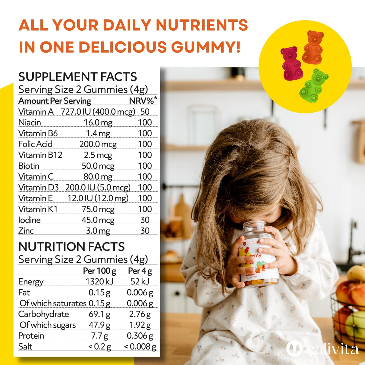 Multivitamin for Kids - Natural Apple and Strawberry Flavour - Low-sugar - with 12 essential Nutrients - Kids Multivitamins Gummies - 100 Vitamin Gummies - with Zinc, A, B6, B12, C, D3, E, K1 Vitamins
