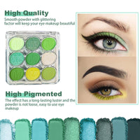 QUIWEN Green Eyeshadow Palette, 9 Colours Glitter Eye Shadow Makeup, Green Eye Shadow Pallets For Women, Shiny Sparkle Shimmer Matte Green Eyeshadow, Yellow White Mint Green MakeUp Palette with Brush