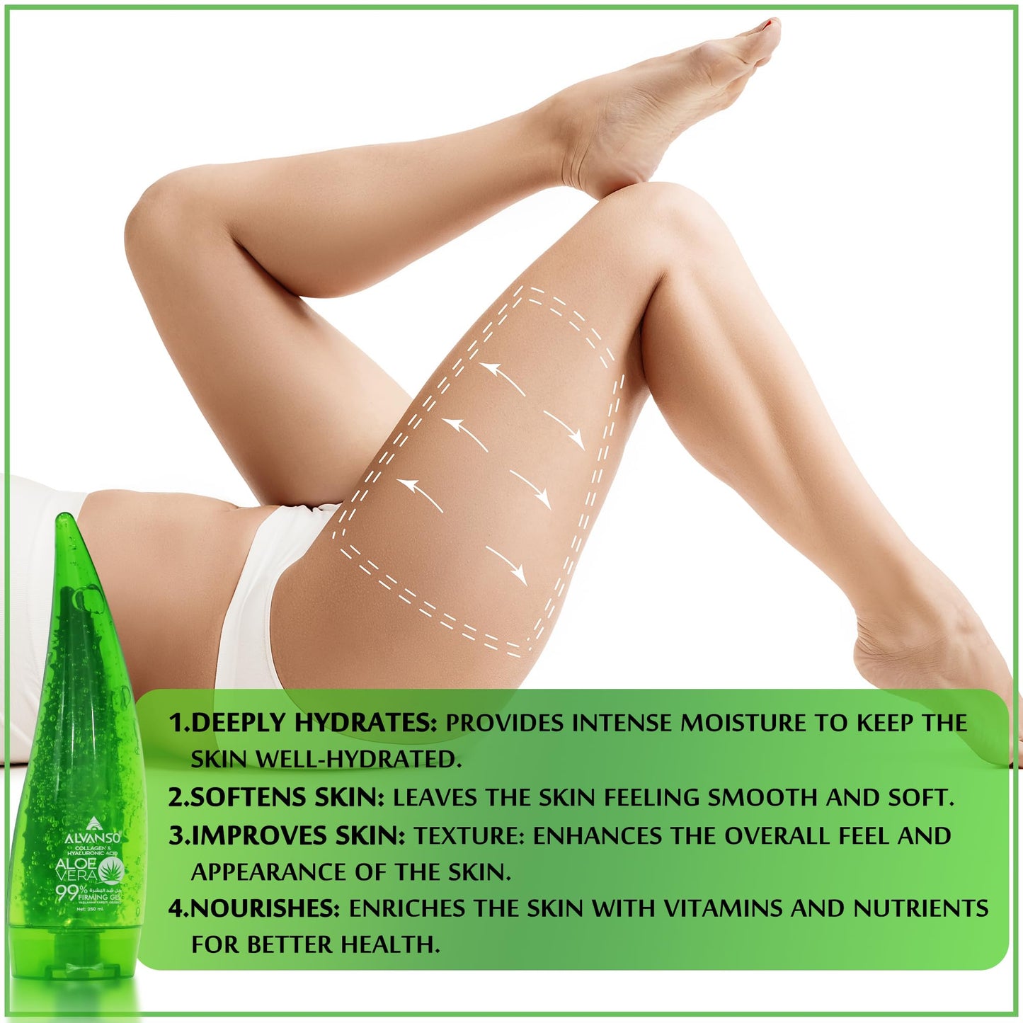 Alvanso Aloe Vera Firming Gel with Collagen and Hyaluronic Acid, Hydrating and Smoothing Formula - 250 ml