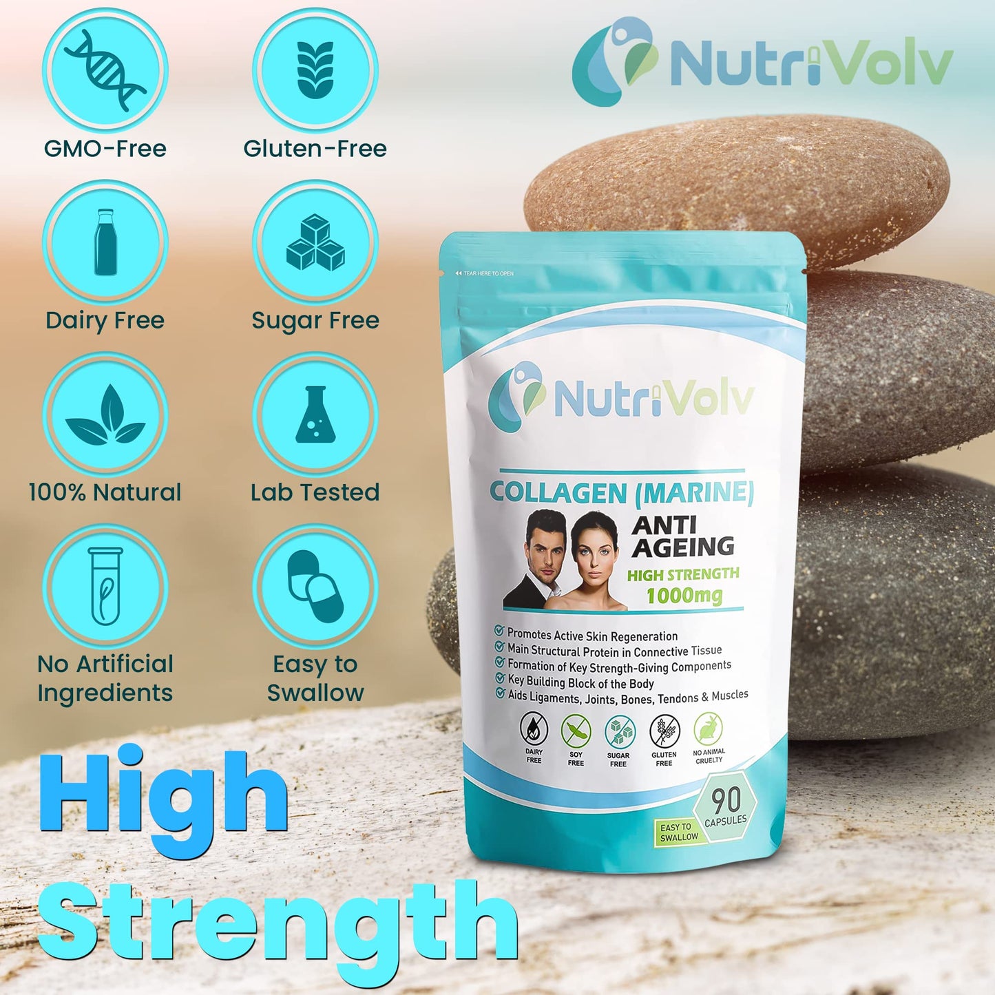 Nutrivolv Collagen Marine (1000mg) Supplement for Skin , Anti Ageing, Tissue, Joints, Bones & Muscles | 90 Multivitamin Capsules