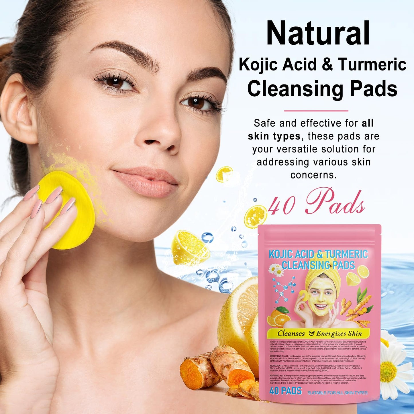 Generic Kojic Acid and Turmeric Pads,Turmeric kojic Acid Pads, Turmeric and Kojic Acid Cleansing Pads for Face, Turmeric Cleansing Pads for Dark spots, Exfoliating, Acne Scars (40 PCS)