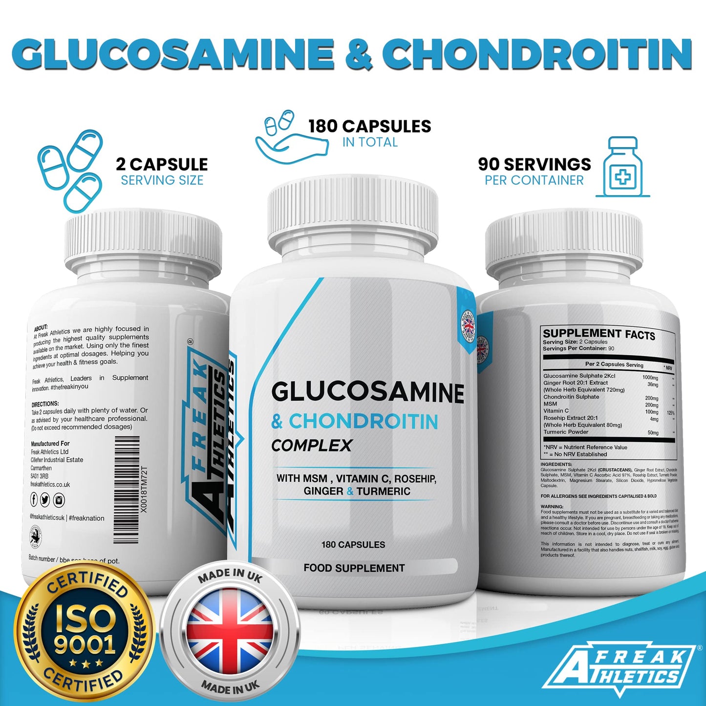 Freak Athletics Glucosamine and Chondroitin High Strength Complex - with MSM, Rosehip, Ginger & Turmeric