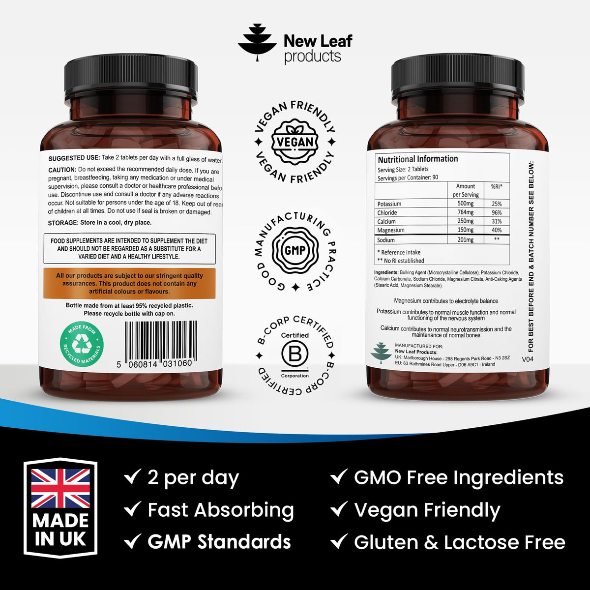 NEW LEAF PRODUCTS Electrolytes Tablets - High Strength Rehydration Tablets - with Potassium, Calcium, Sodium, Chloride, and Magnesium Fasting Keto Electrolytes Vegan Made in UK