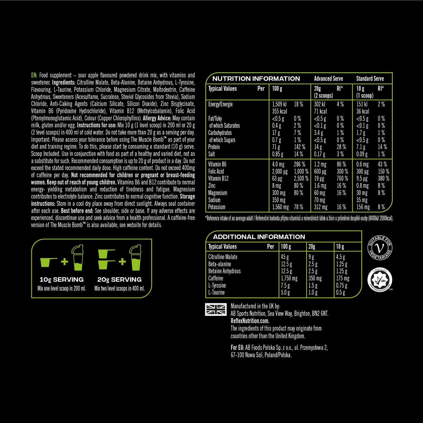 Reflex Nutrition Pre Workout The Muscle Bomb 350mg Caffeine 9g Citrulline Malate 2.5g Beta Alanine Added Hydration Electrolytes (Sour Apple, 400g)