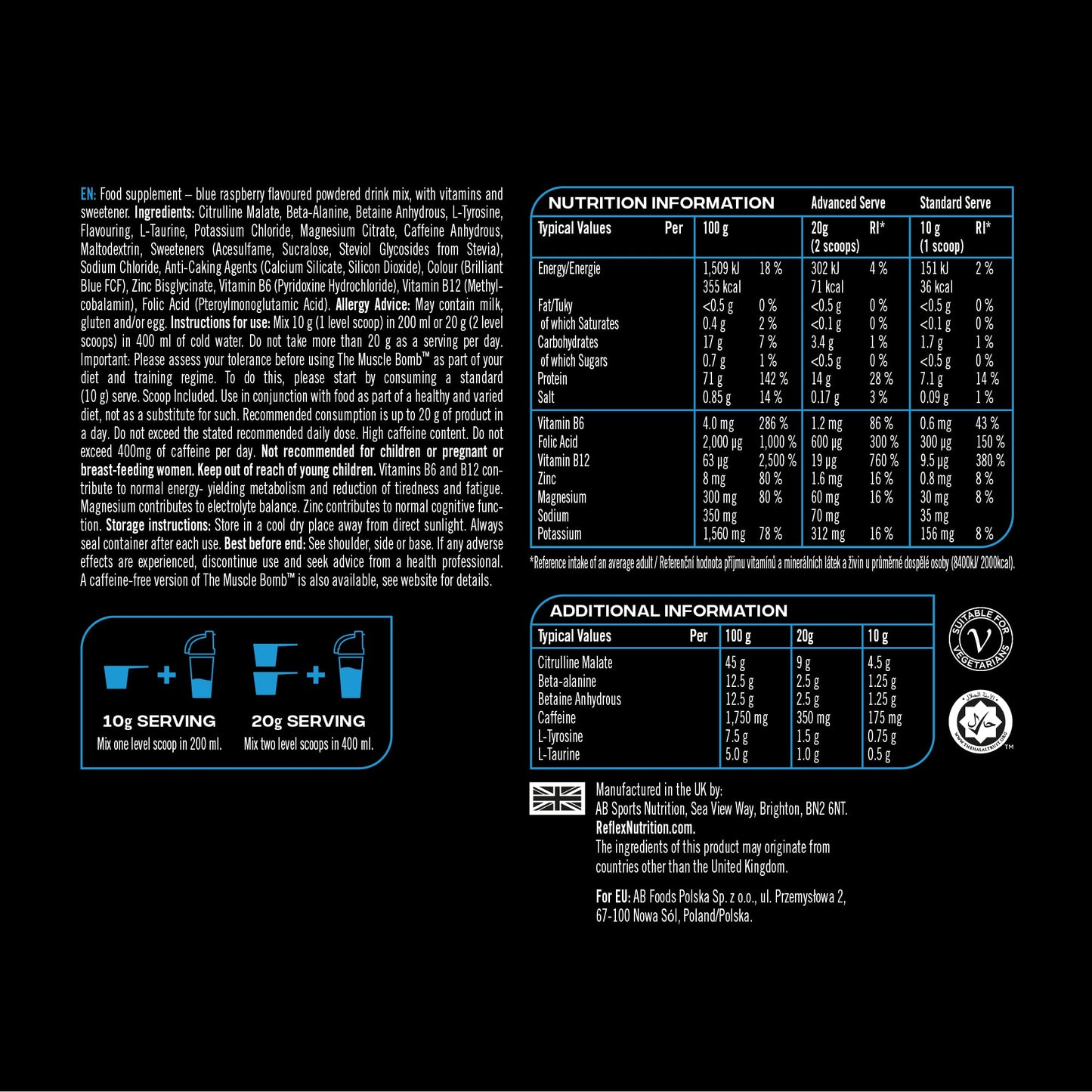 Reflex Nutrition The Muscle Bomb Caffeine Pre Workout Powder - 350mg Caffeine, 9g Citrulline Malate, 2.5g Beta Alanine - Energy, Pump & Focus for Explosive Workouts (Blue Raspberry, 400g, 20 Servings)