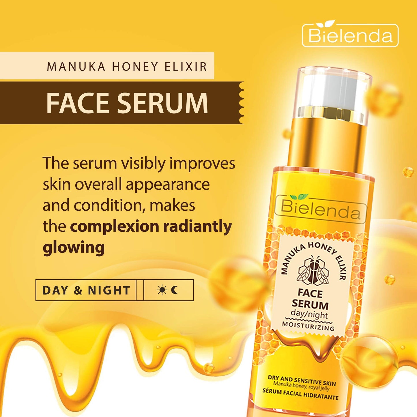 Bielenda Manuka Honey Nutri Elixir - Improves Skin Condition, Makes The Complexion Radiantly Glowing - Manuka Honey Nourishing And Moisturizing Face Serum Day/Night For Dry And Sensitive Skin - 30 g
